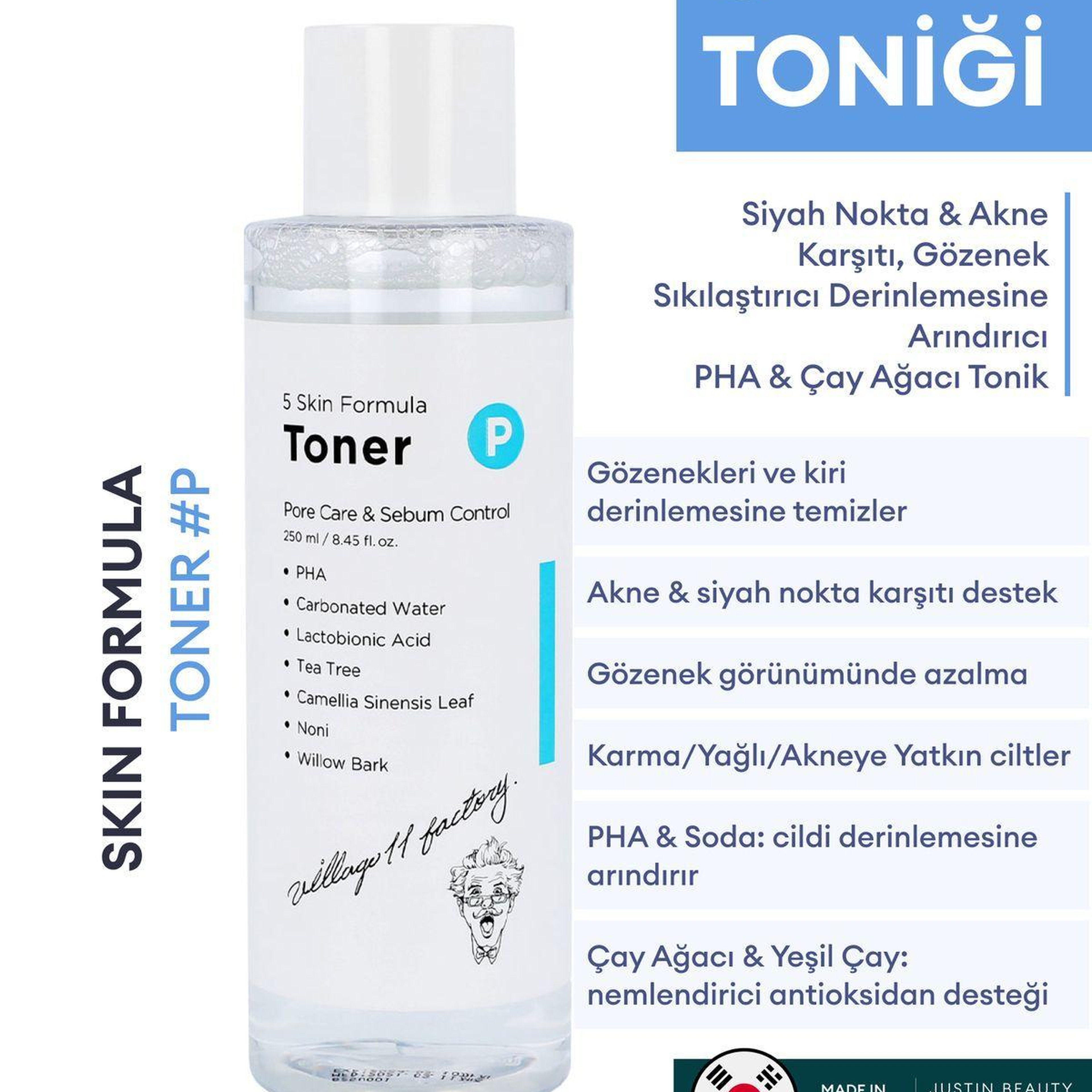 Village 11 Factory P Skin Formula Toner 250ml - Siyah Nokta & Akne Karşıtı, Gözenek Sıkılaştırıcı Arındırıcı PHA & Çay Ağacı Tonik
