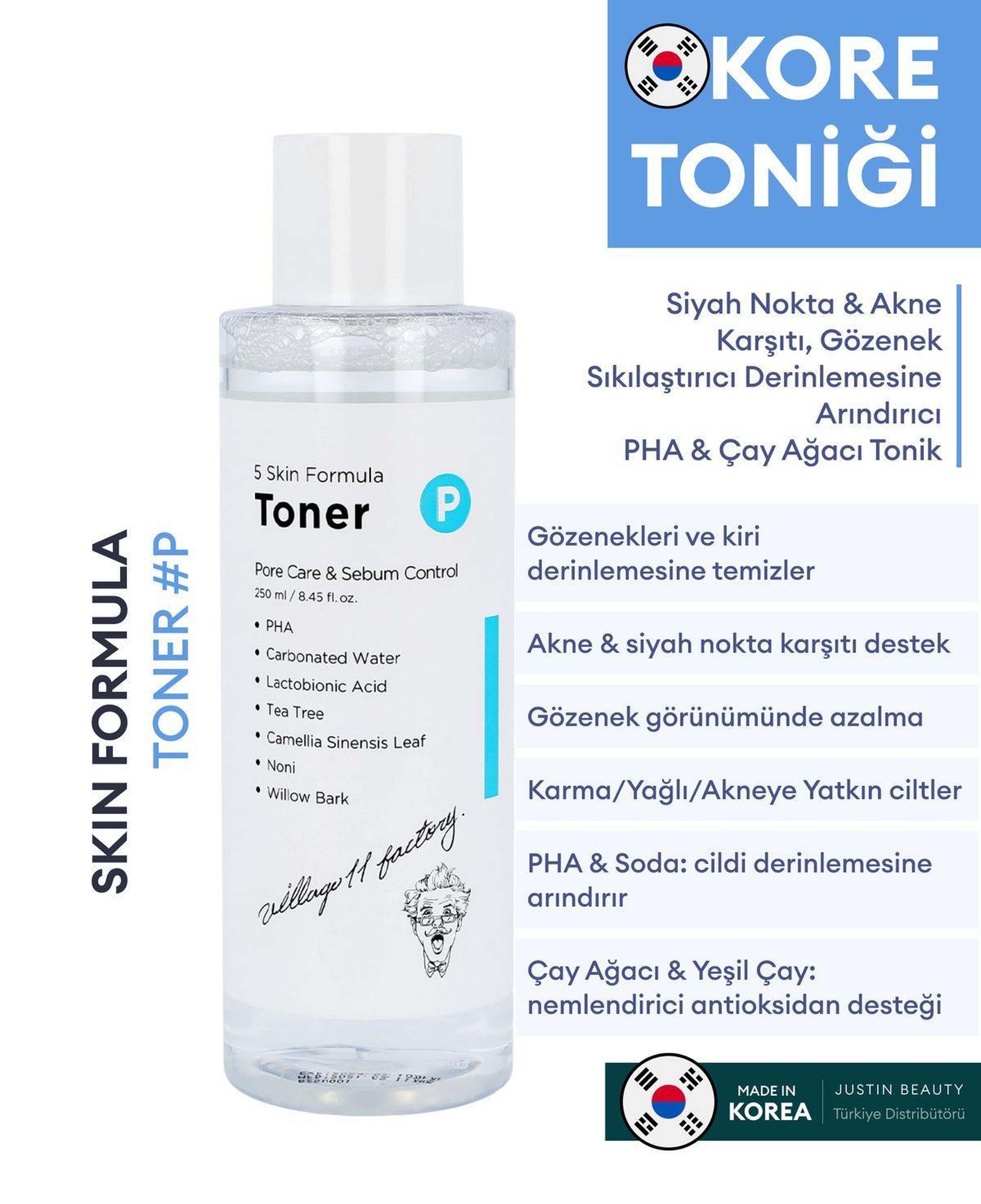 Village 11 Factory P Skin Formula Toner 250ml - Siyah Nokta & Akne Karşıtı, Gözenek Sıkılaştırıcı Arındırıcı PHA & Çay Ağacı Tonik