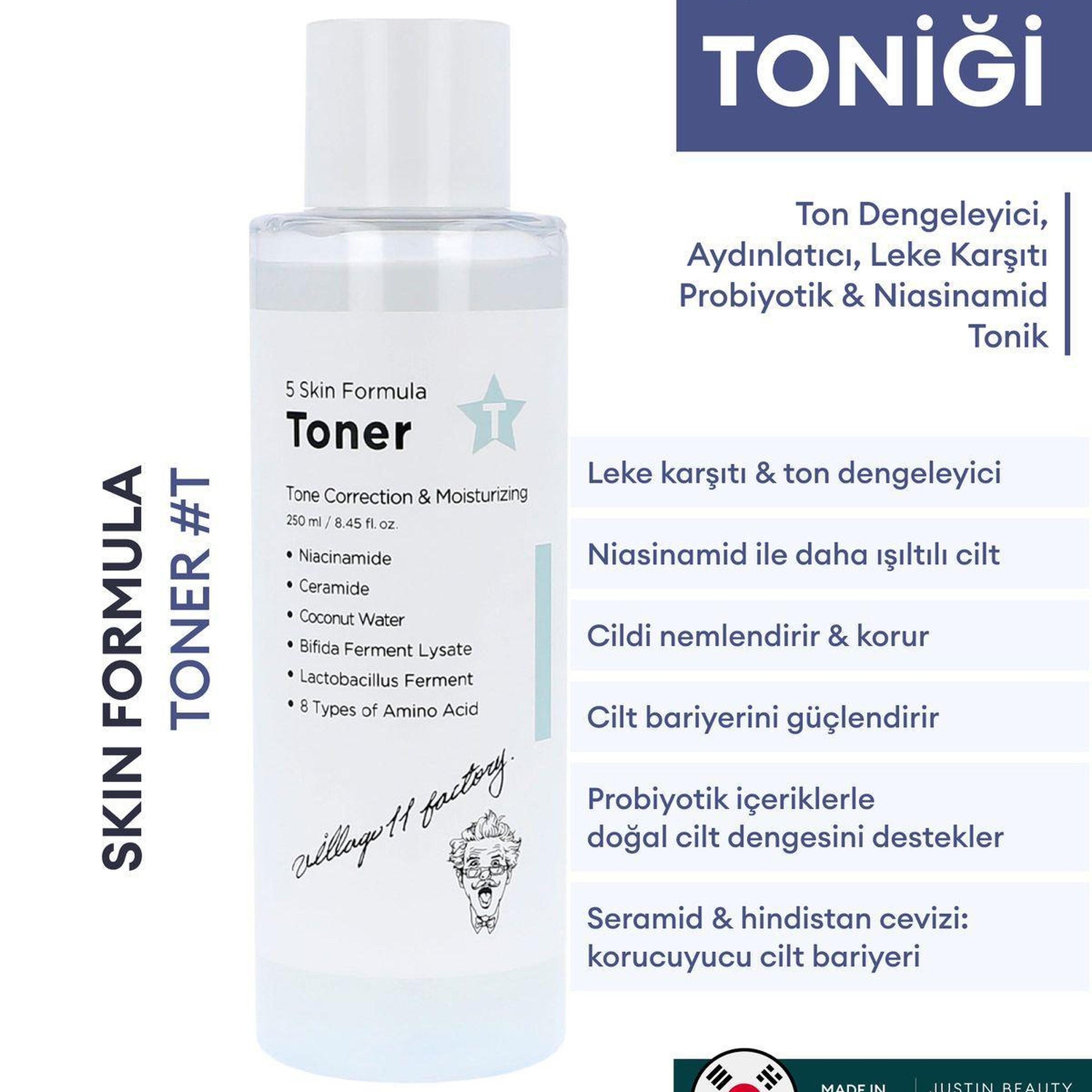 Village 11 Factory T Skin Formula Toner 250ml - Ton Dengeleyici, Aydınlatıcı, Leke Karşıtı Probiyotik & Niasinamid Tonik