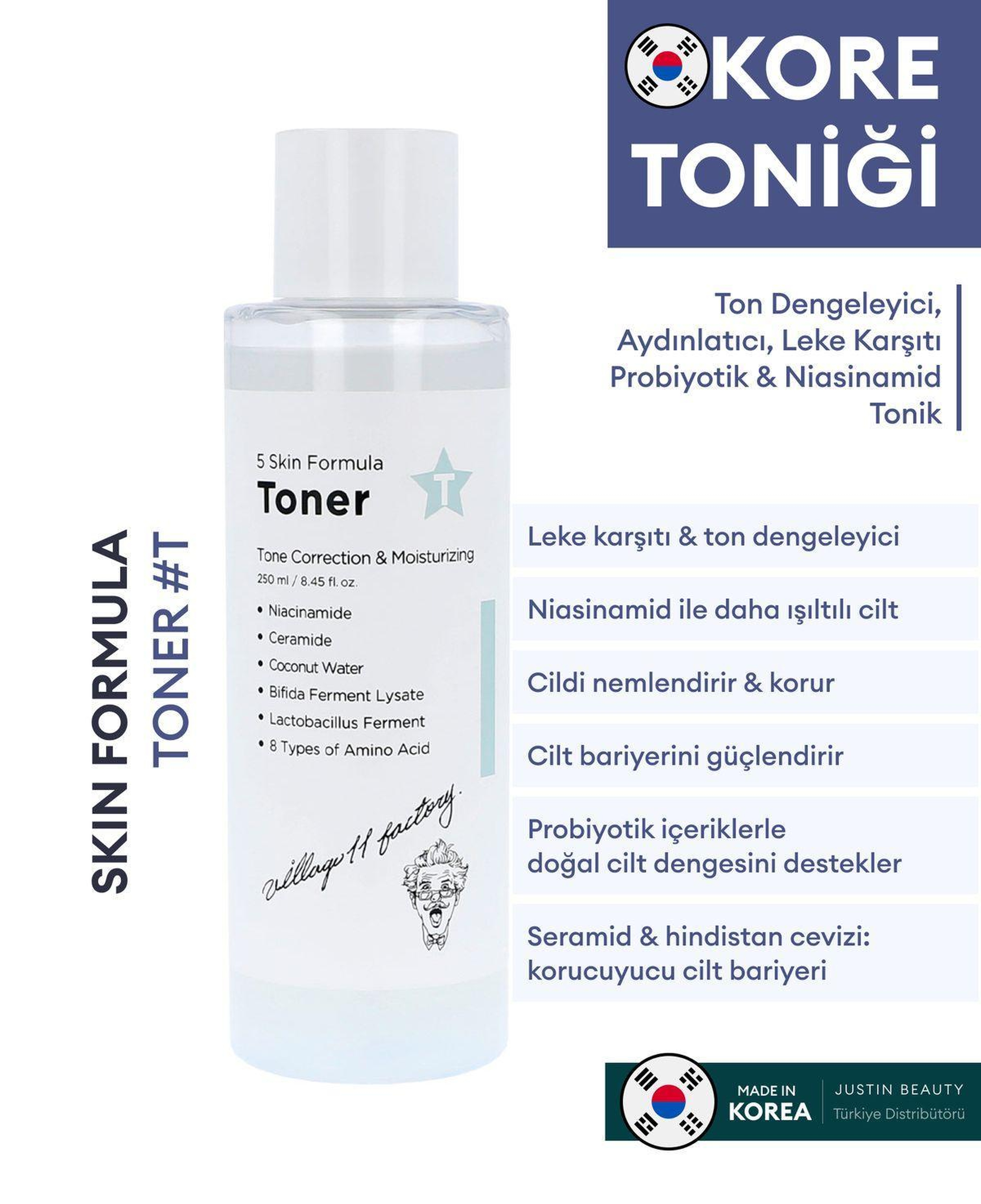 Village 11 Factory T Skin Formula Toner 250ml - Ton Dengeleyici, Aydınlatıcı, Leke Karşıtı Probiyotik & Niasinamid Tonik