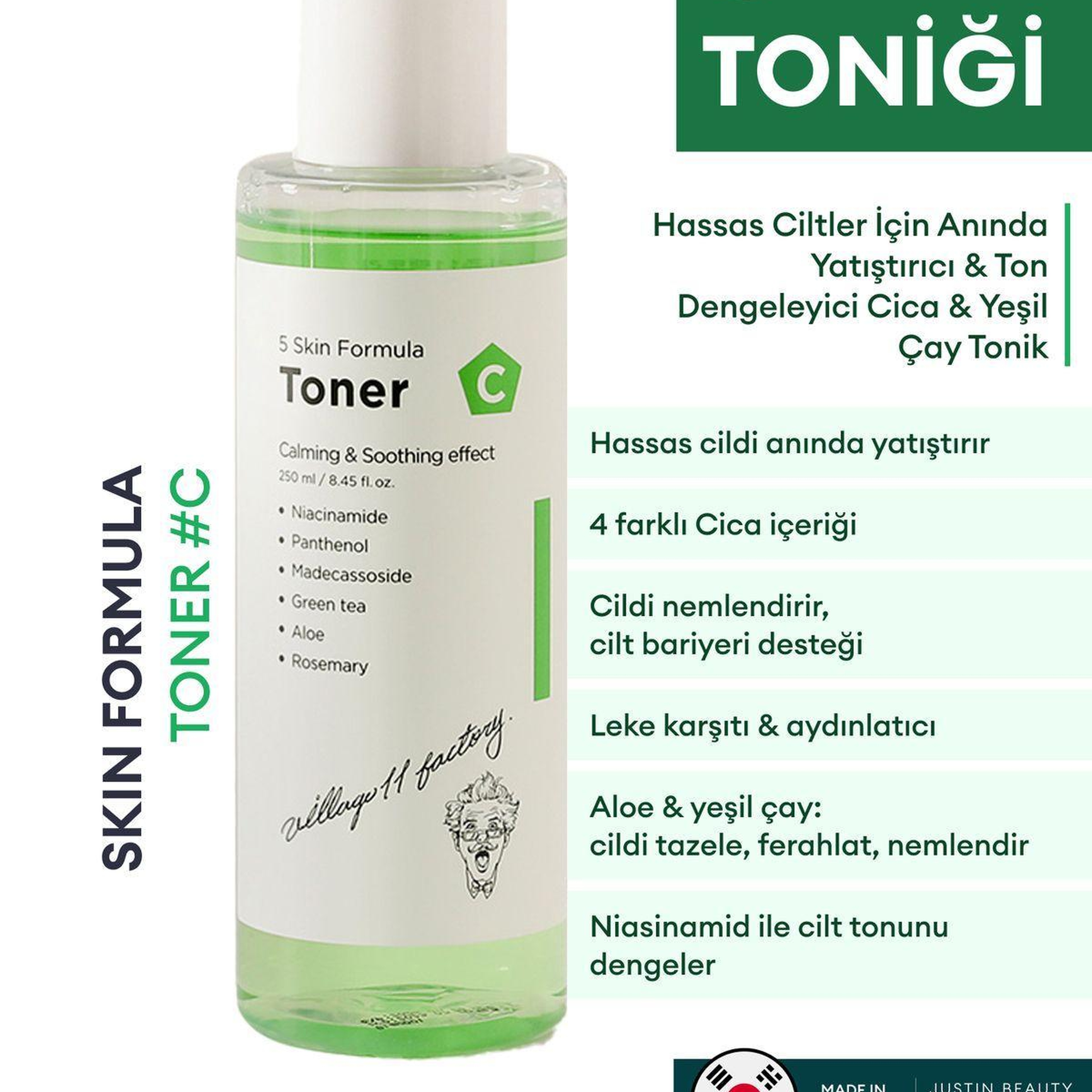Village 11 Factory C Skin Formula Toner 250ml - Anında Yatıştıran ve Ton Dengeleyen Cica & Yeşil Çay Tonik