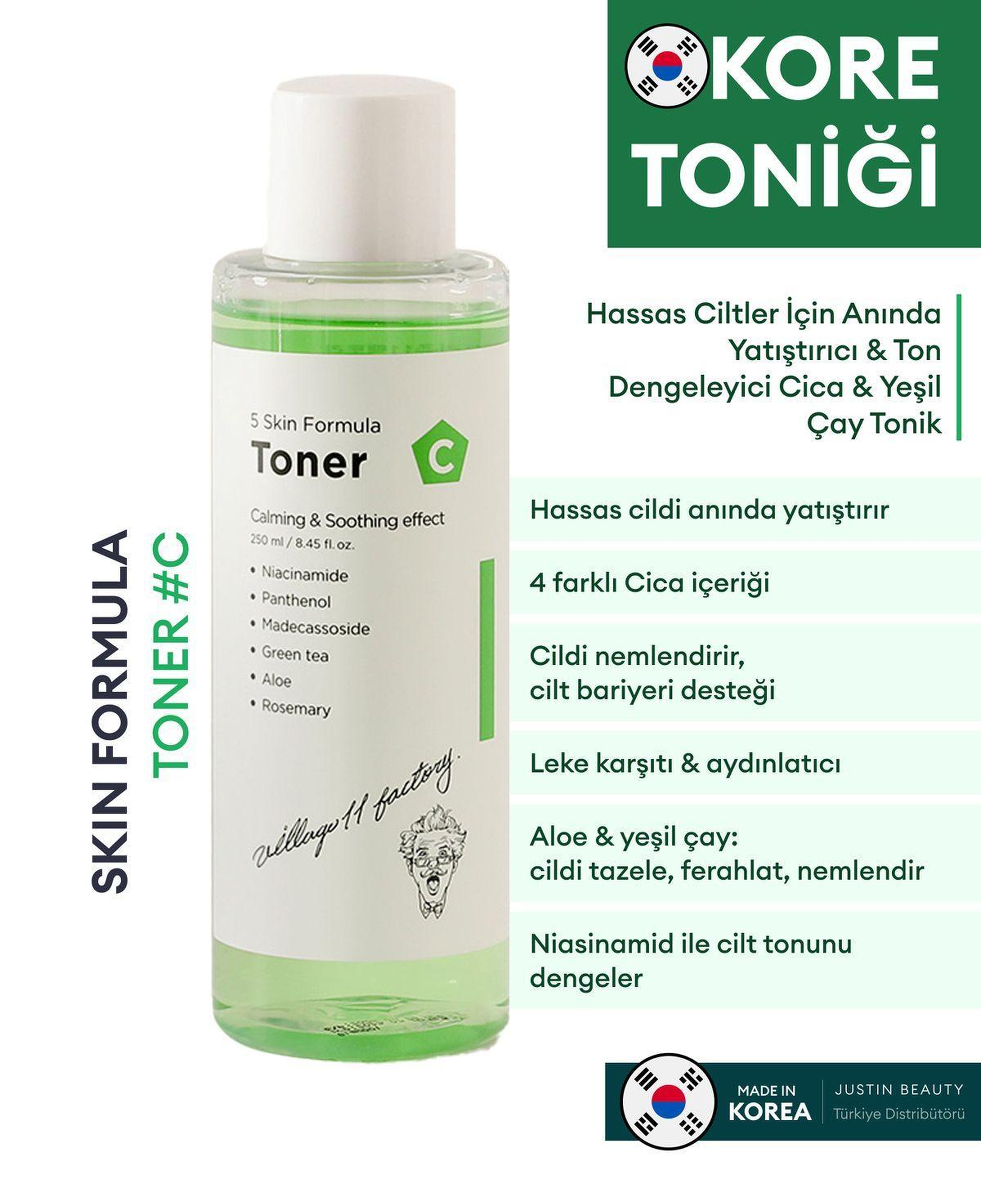 Village 11 Factory C Skin Formula Toner 250ml - Anında Yatıştıran ve Ton Dengeleyen Cica & Yeşil Çay Tonik