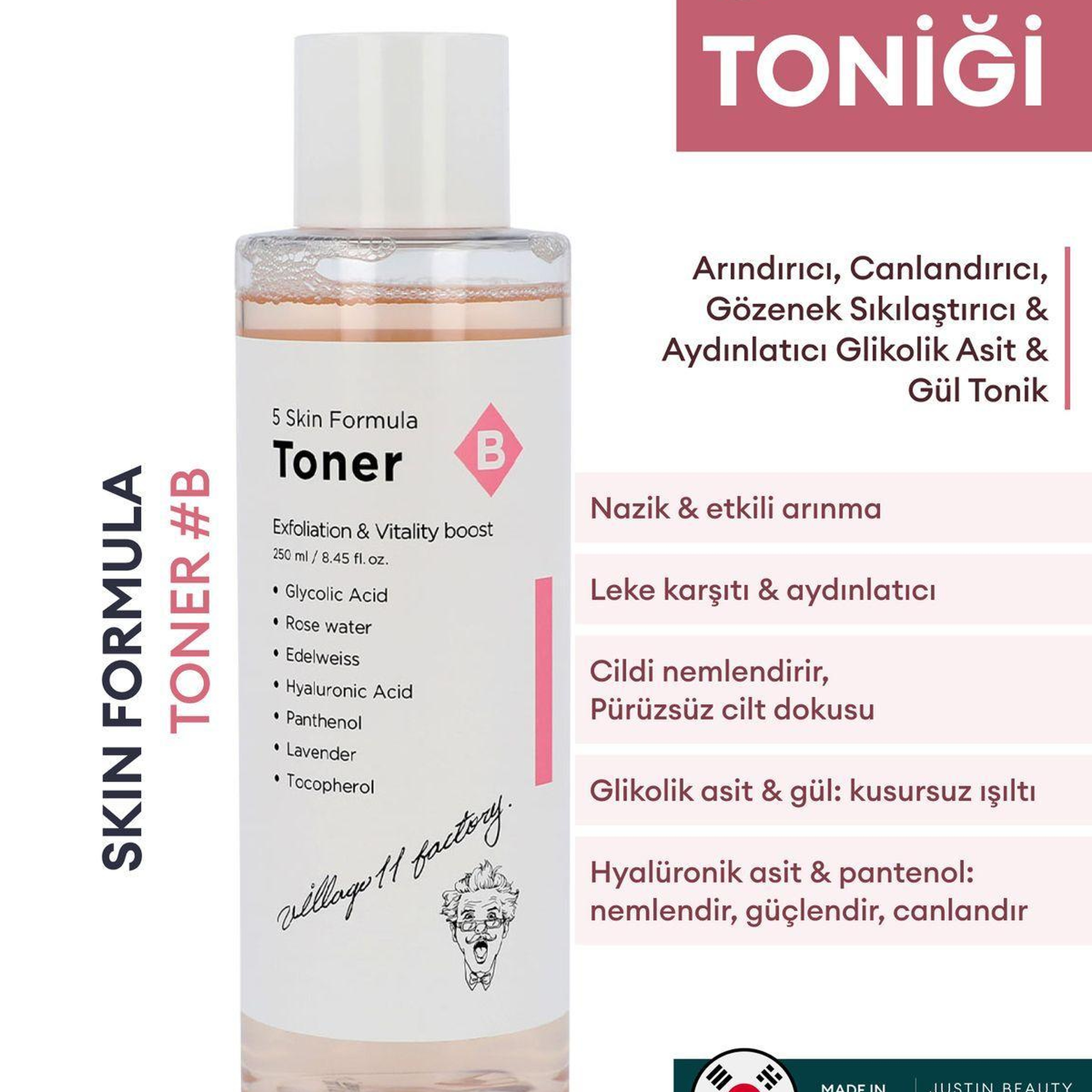 Village 11 Factory B Skin Formula Toner 250ml - Arındırıcı, Canlandırıcı ve Sıkılaştırıcı Gül & Glikolik Asit Tonik