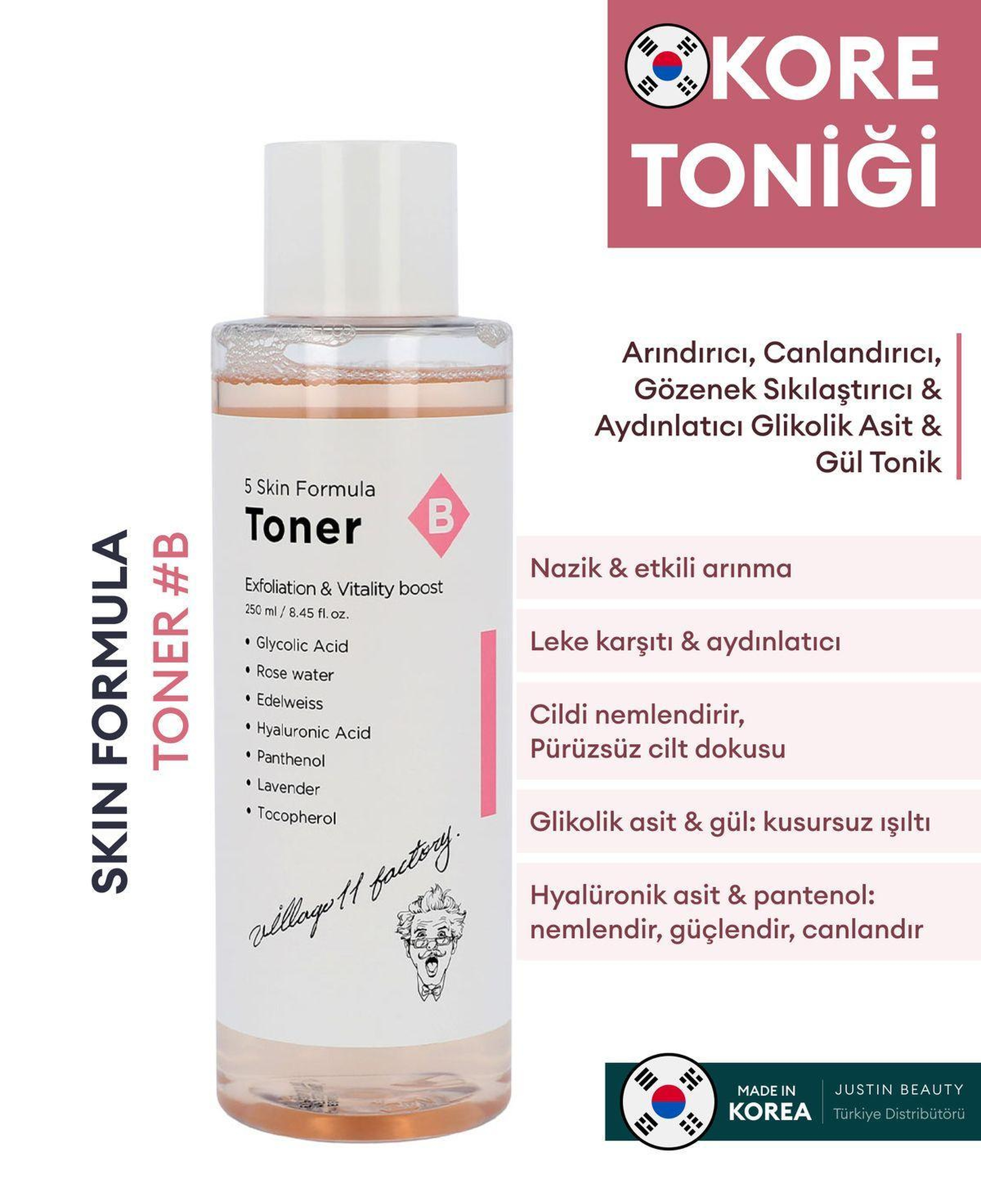 Village 11 Factory B Skin Formula Toner 250ml - Arındırıcı, Canlandırıcı ve Sıkılaştırıcı Gül & Glikolik Asit Tonik