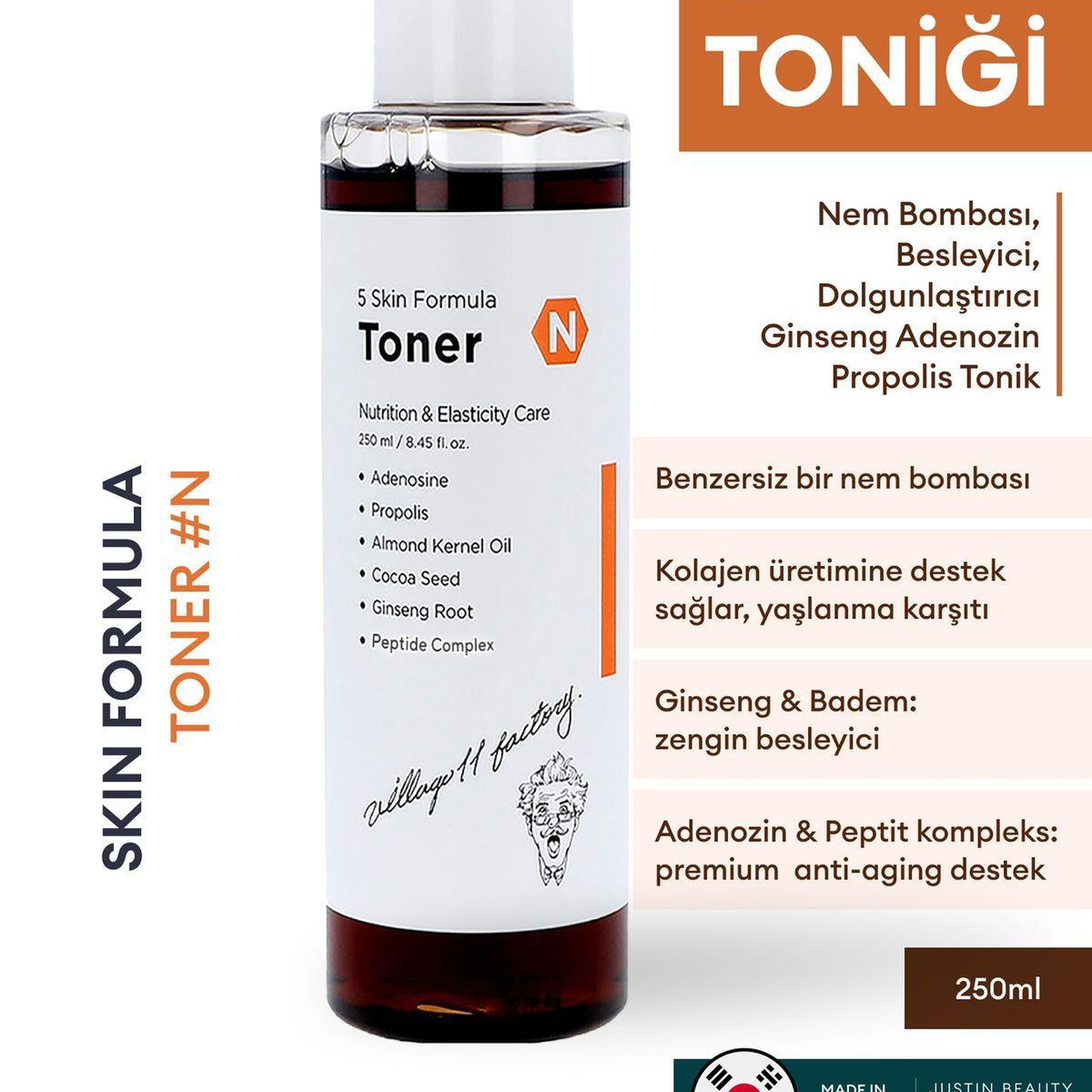 Village 11 Factory N Skin Formula Toner 250ml - Nem Bombası, Besleyici, Dolgunlaştırıcı Ginseng Adenozin Propolis Tonik