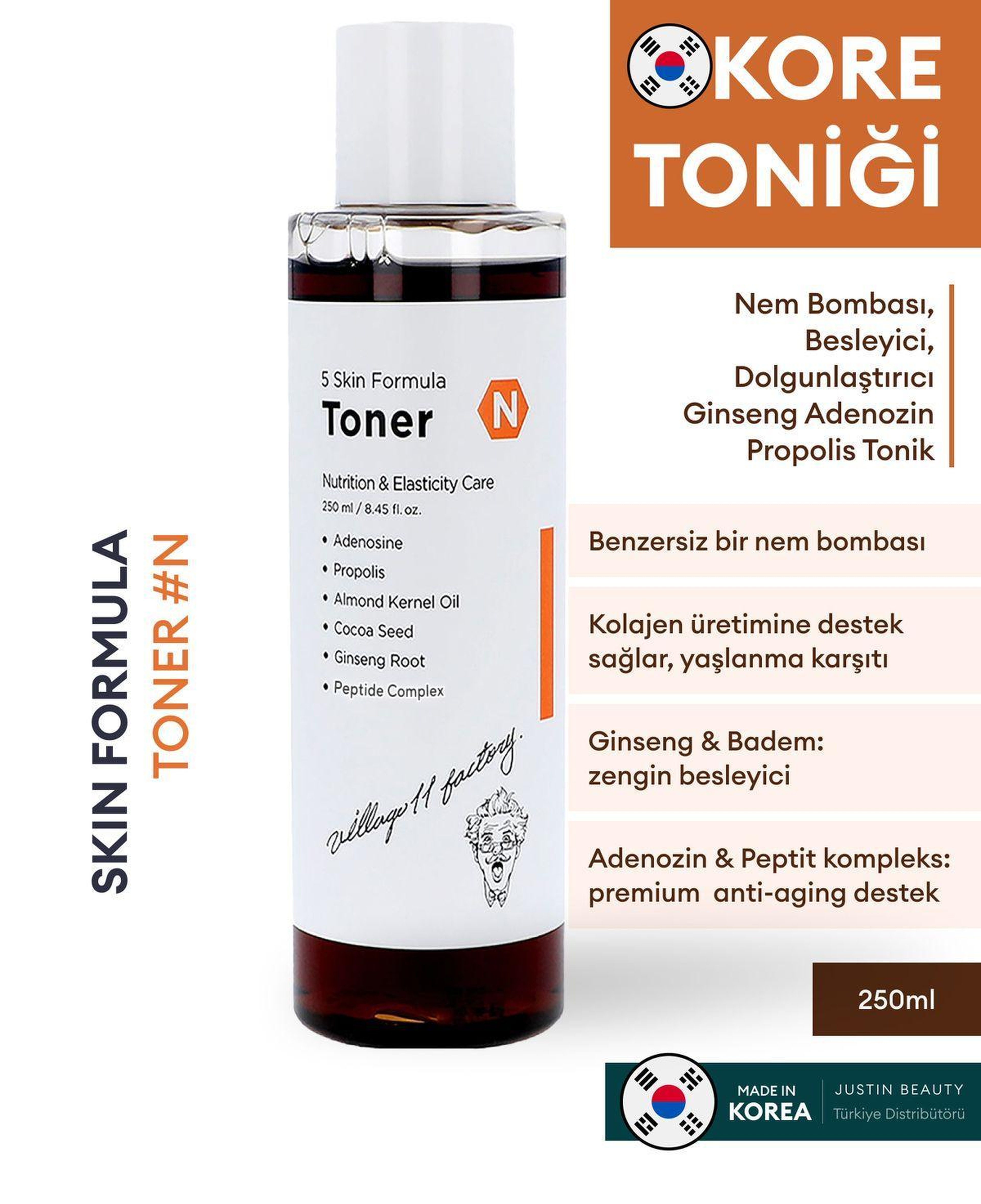 Village 11 Factory N Skin Formula Toner 250ml - Nem Bombası, Besleyici, Dolgunlaştırıcı Ginseng Adenozin Propolis Tonik