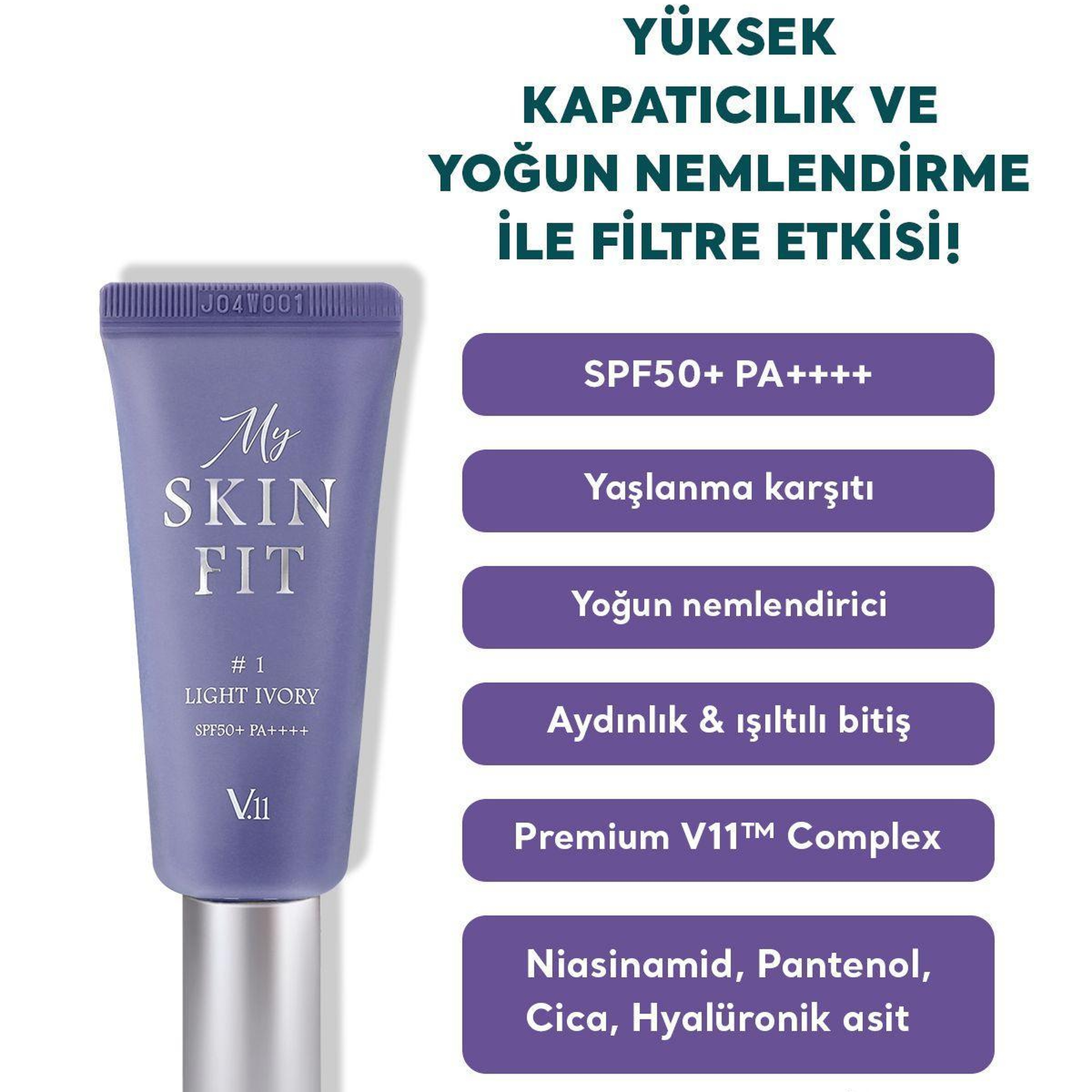 Village 11 Factory My Skin Fit BB Cream SPF 50+ PA++++ #1 Light Ivory 20ml - Hyalüronik Asit & Cica BB Krem