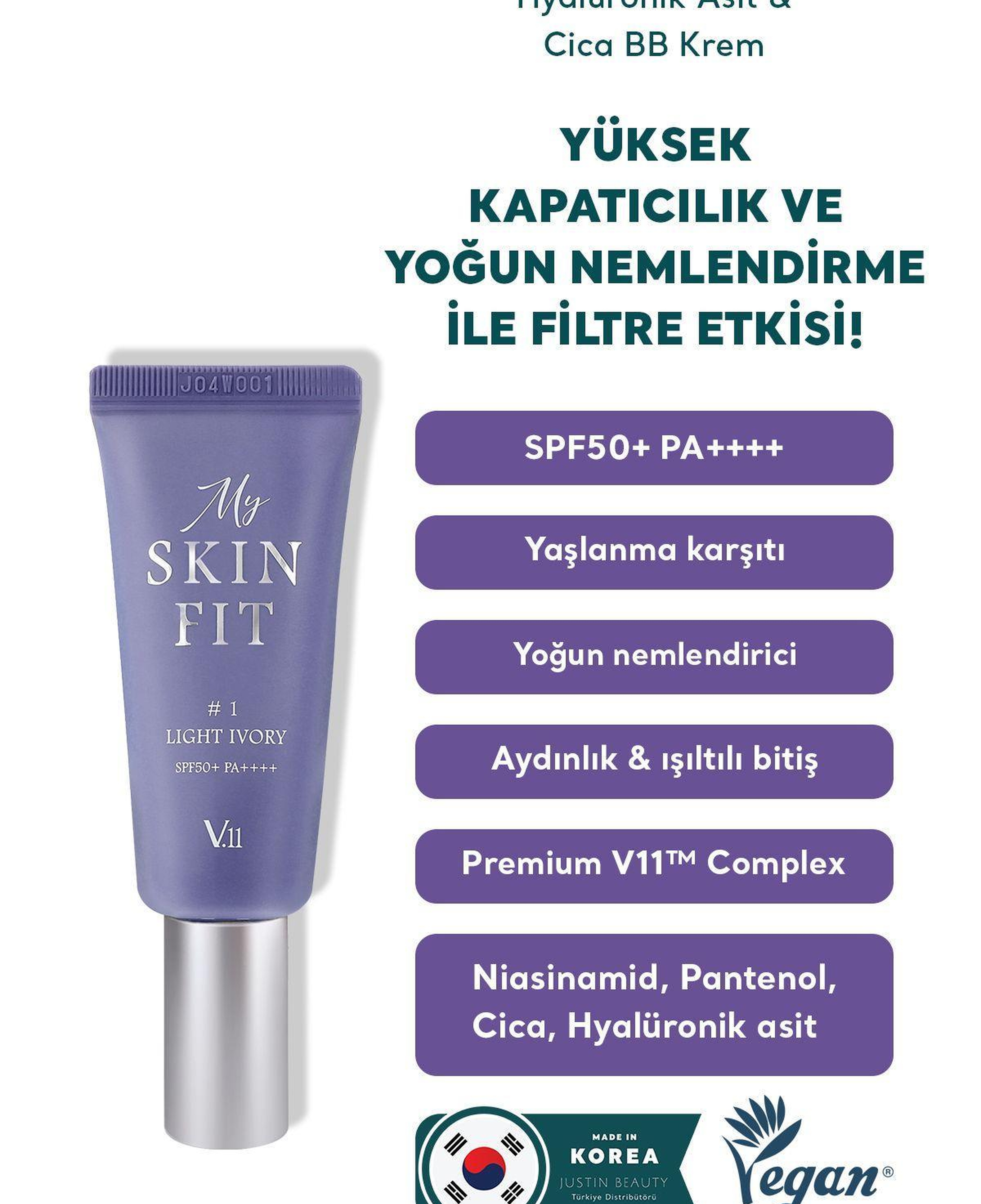 Village 11 Factory My Skin Fit BB Cream SPF 50+ PA++++ #1 Light Ivory 20ml - Hyalüronik Asit & Cica BB Krem