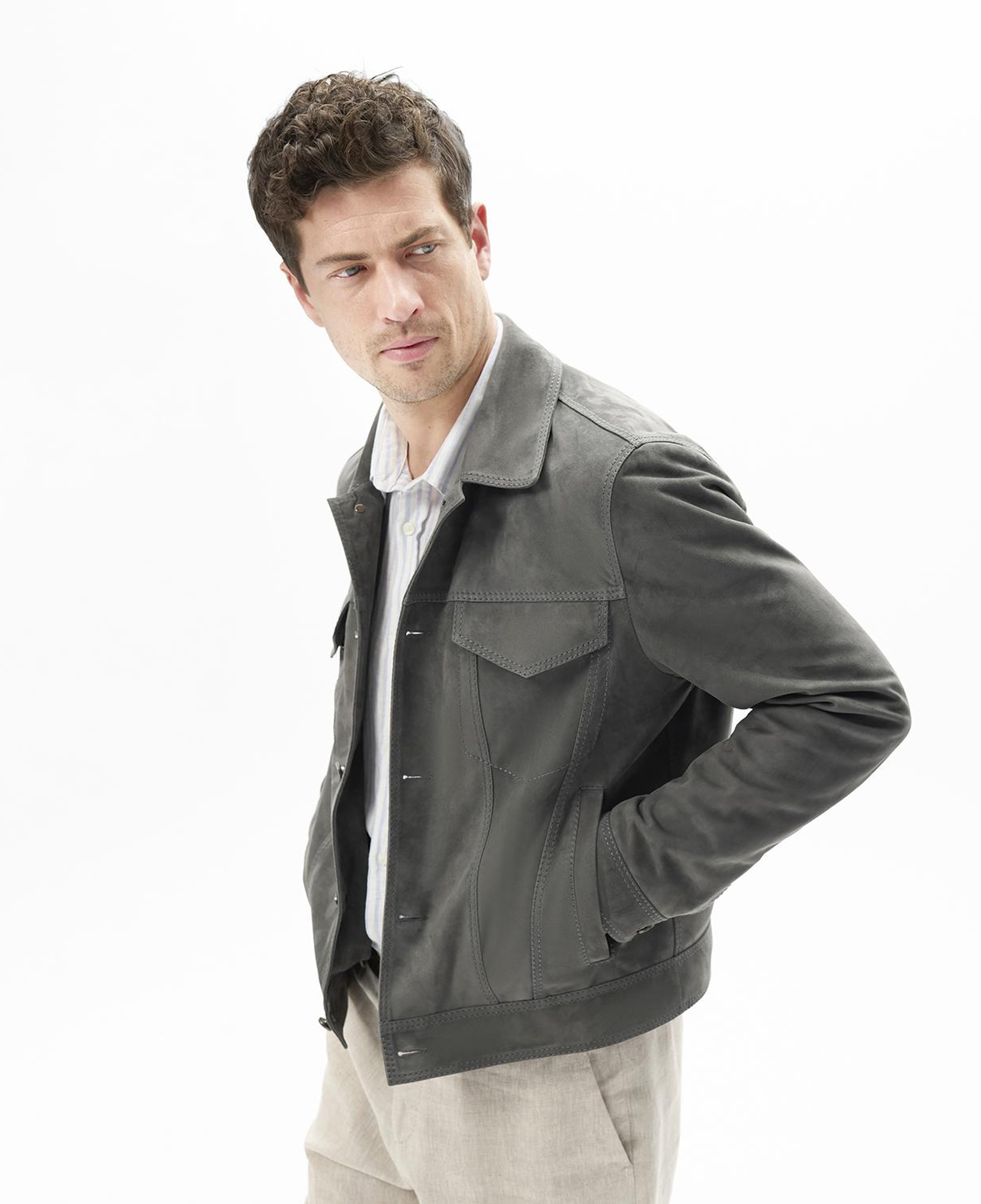 Erkek Gri Gömlek Yaka Süet Ceket