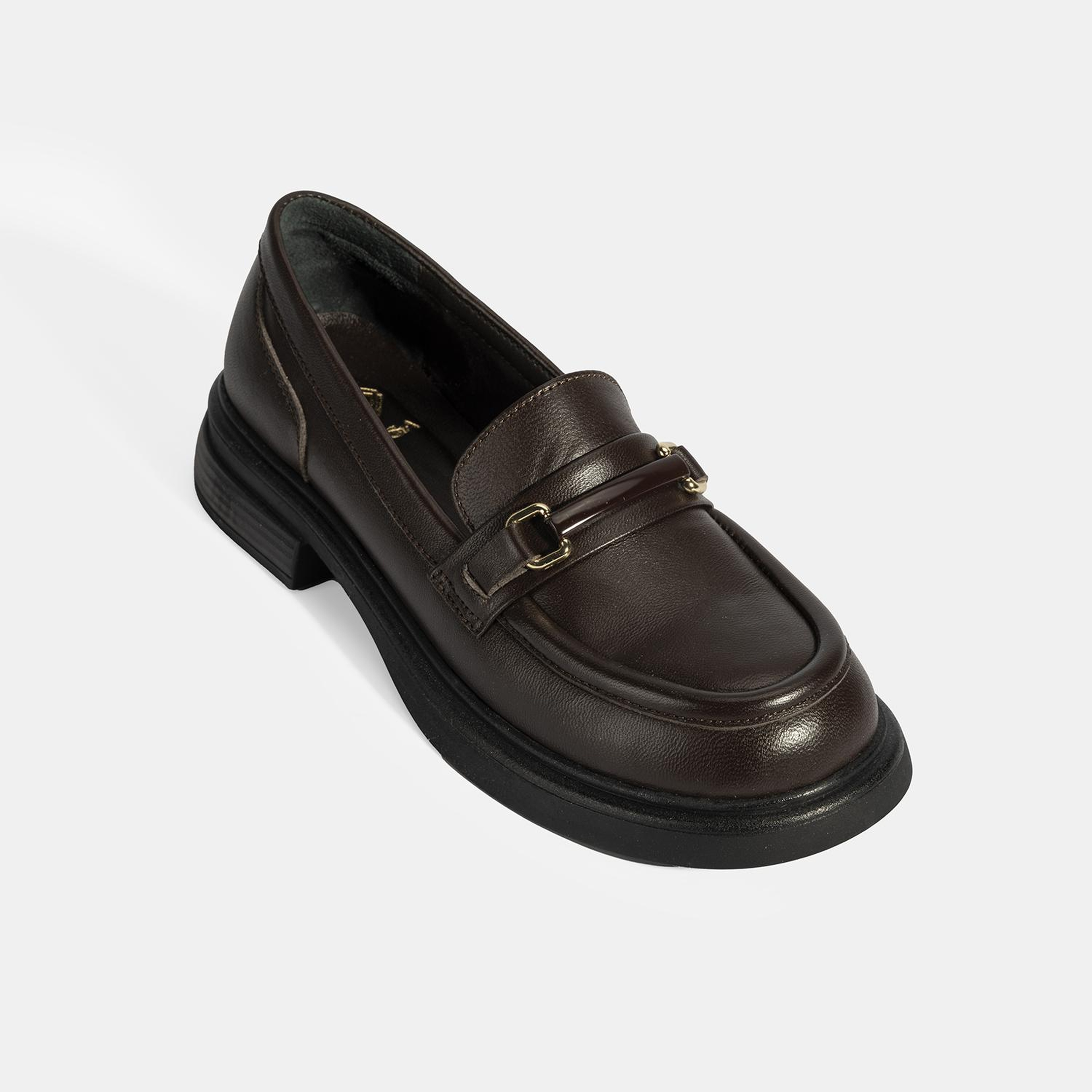 Kadın Kahve Metal Toka Detaylı Deri Loafer