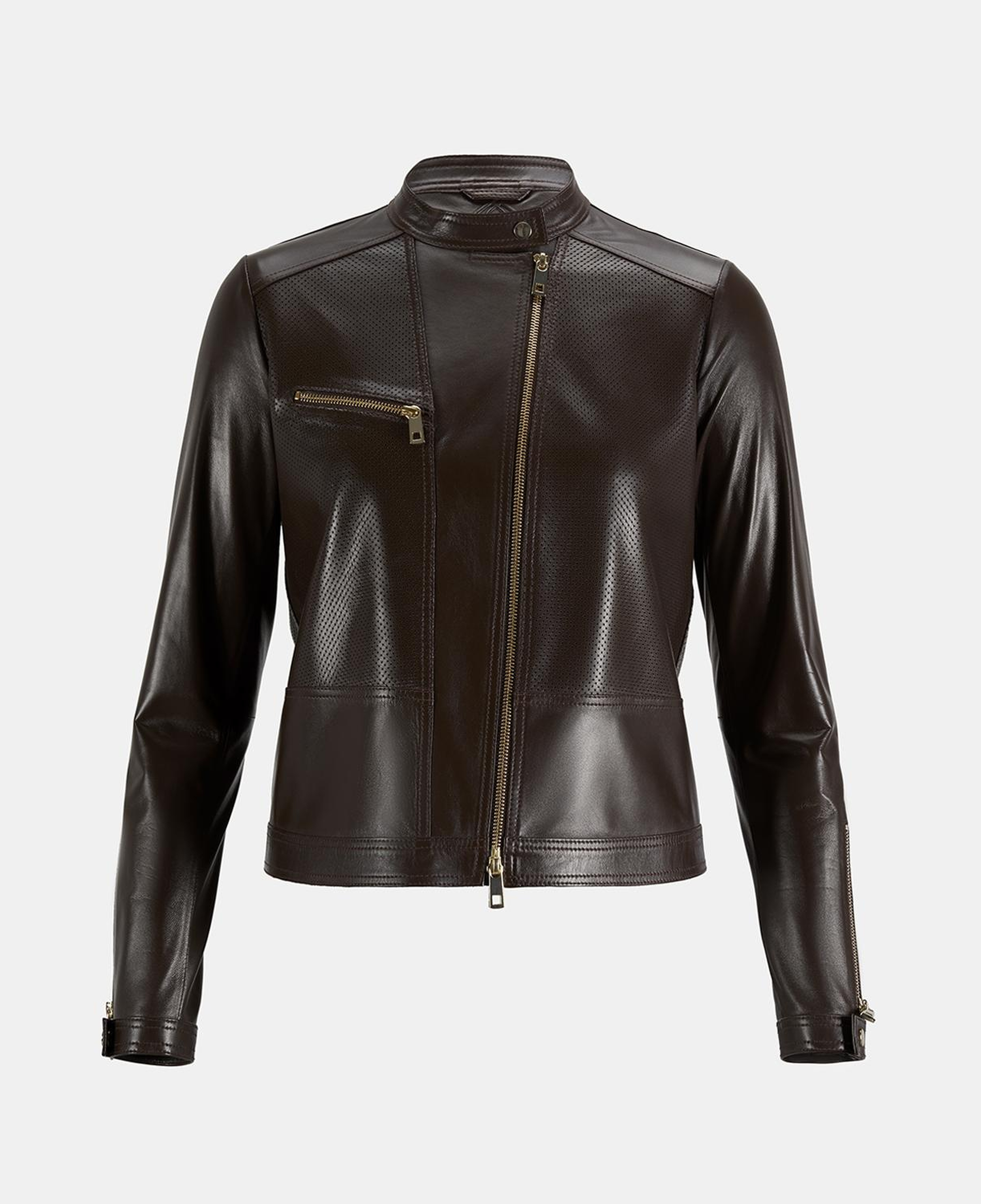 Kadın Kahve Perfore Detaylı Deri Ceket