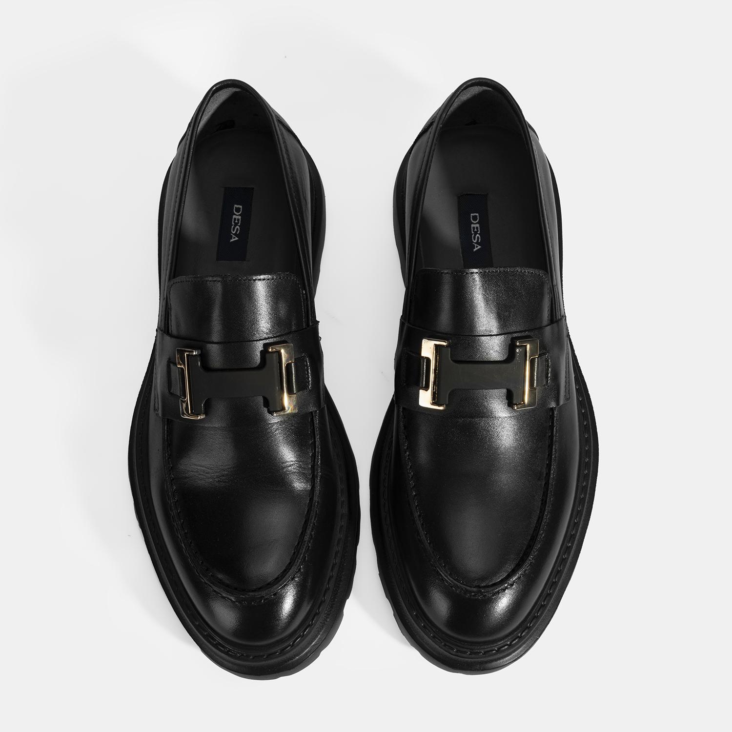 Erkek Siyah Metal Toka Detaylı Deri Loafer