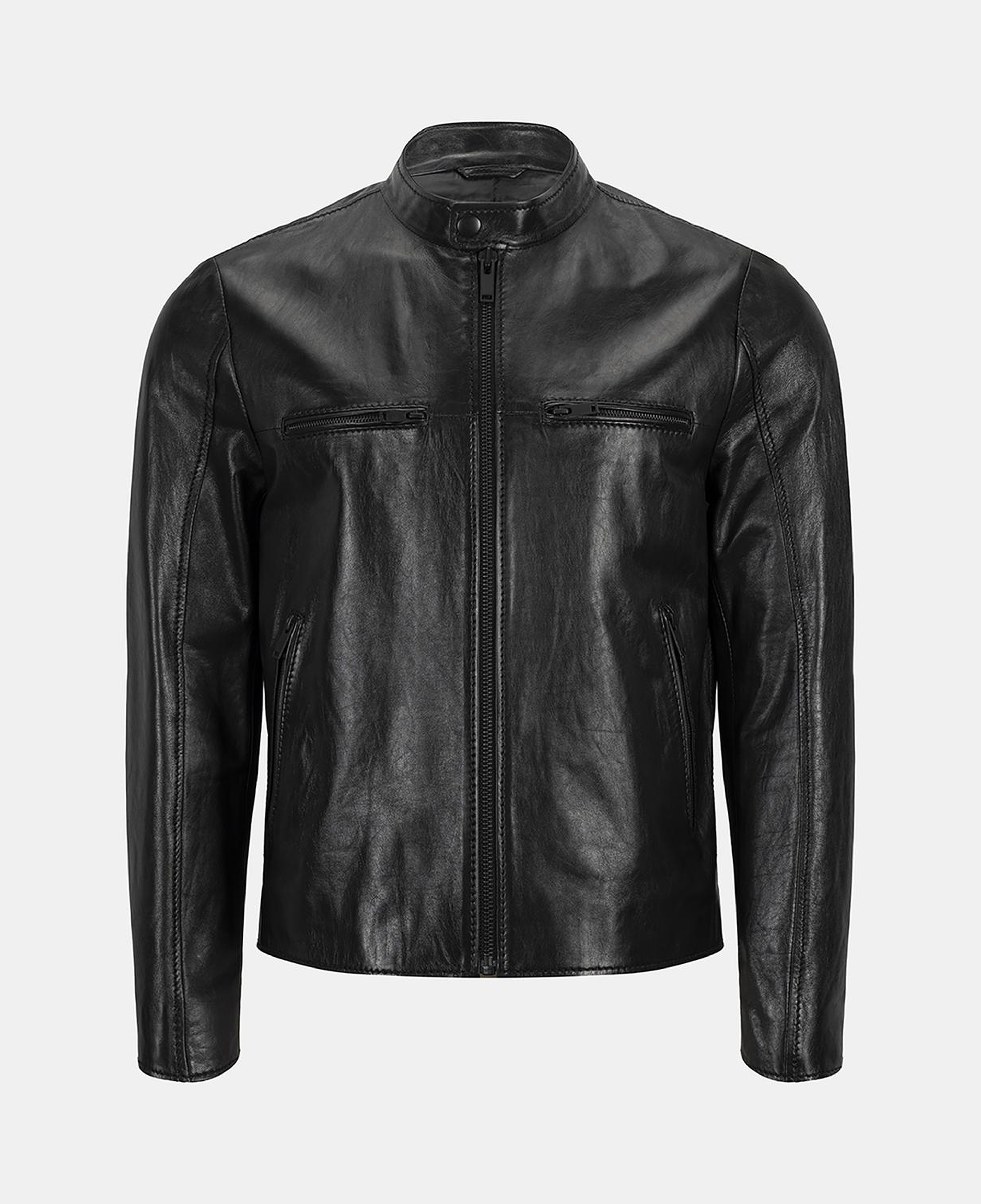 Erkek Siyah Hakim Yakalı Fit Deri Ceket