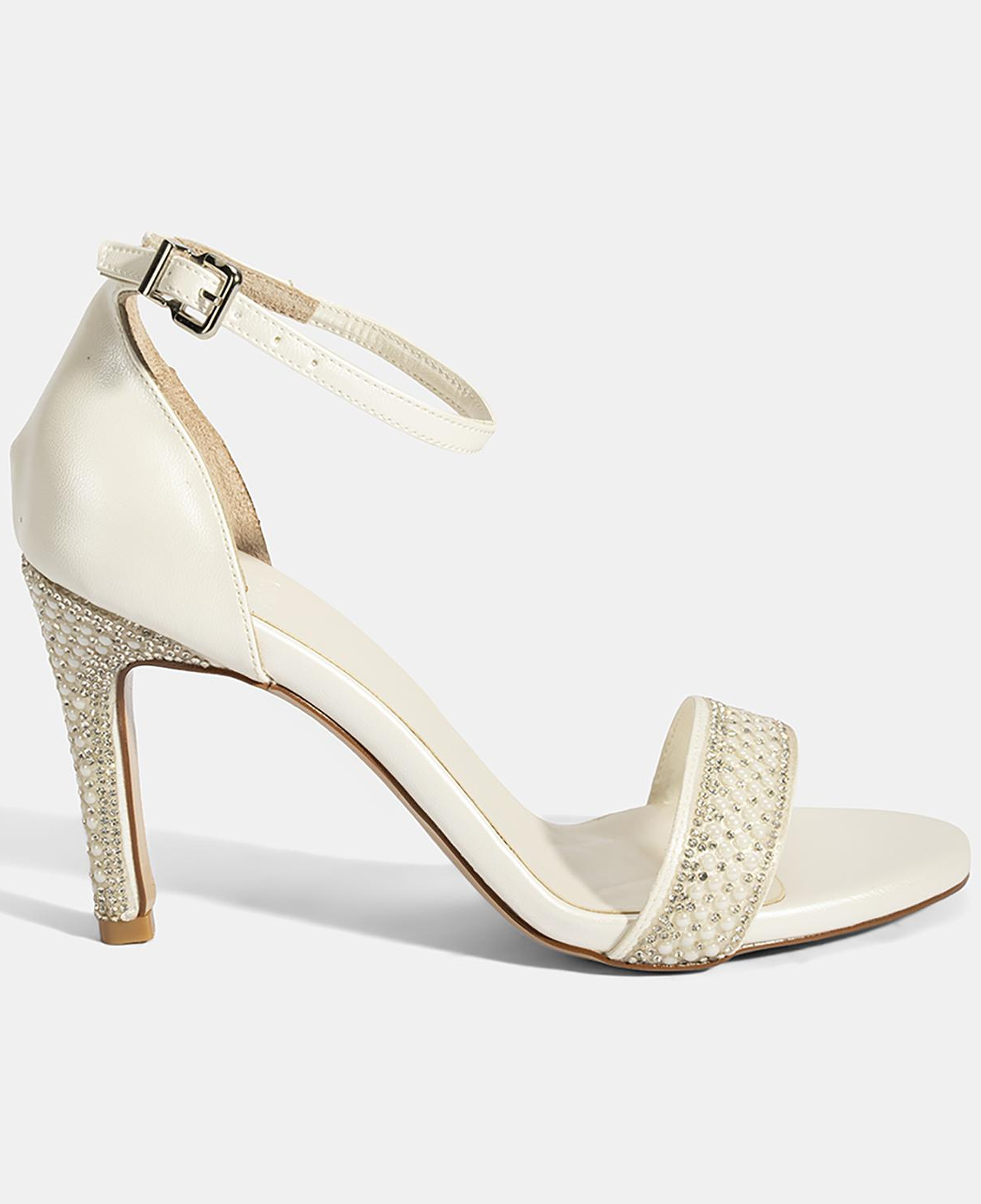 Kadın Beyaz Ayarlanabilir Tokalı Taşlı Topuklu Abiye Sandalet