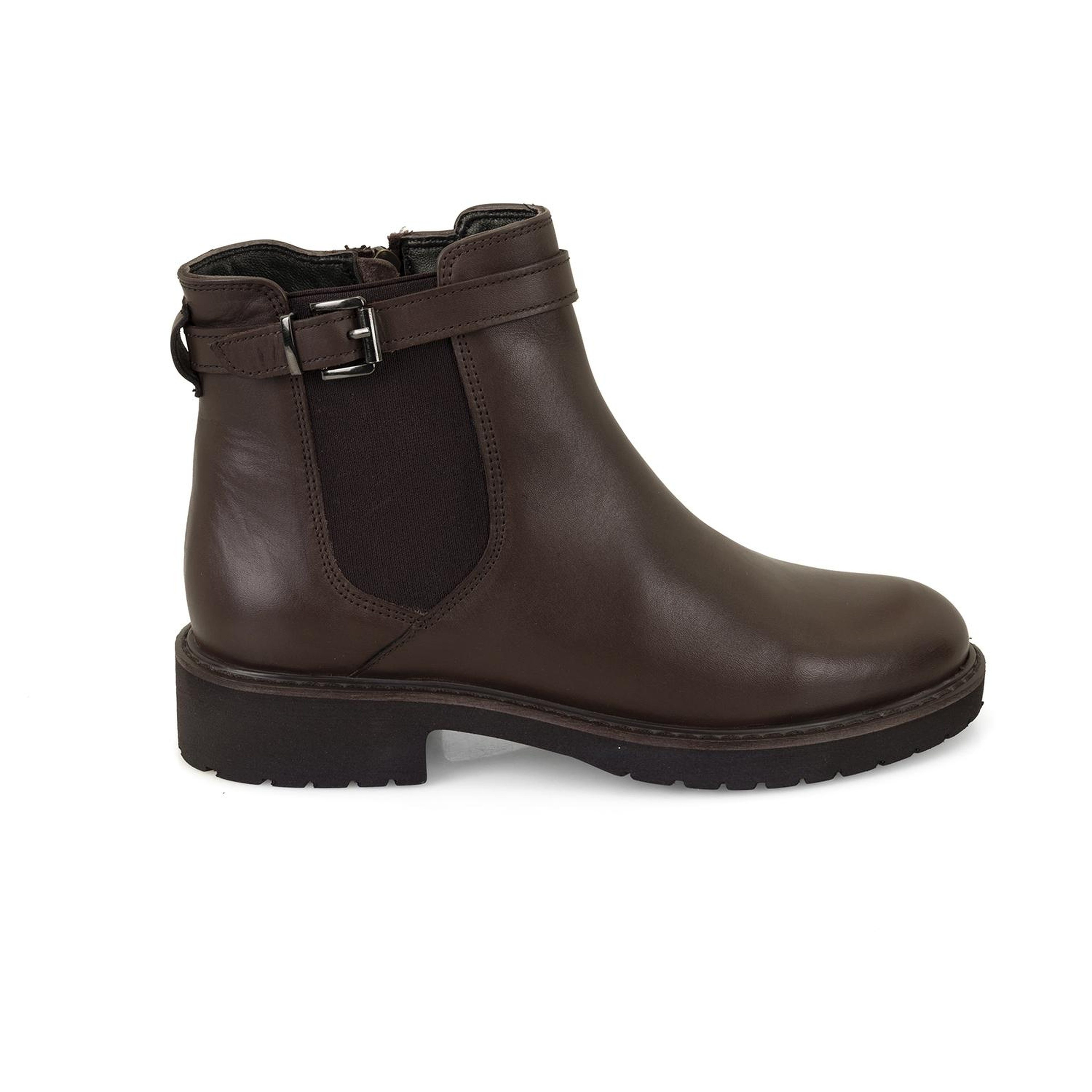 Kadın Kemer Aksesuarlı Kahve Lastikli Deri Chelsea Bot