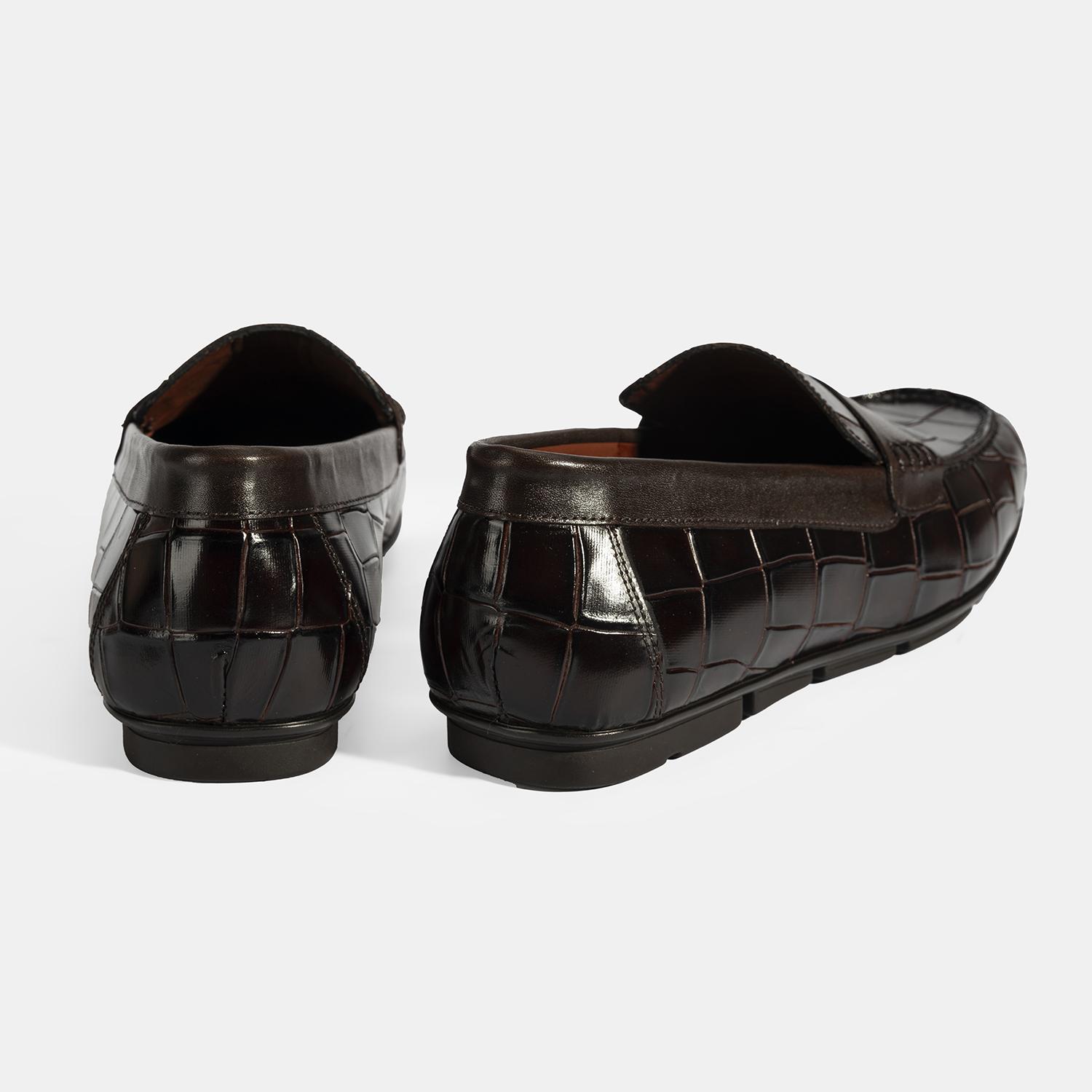 Erkek Kahve Kroko Baskılı Deri Loafer