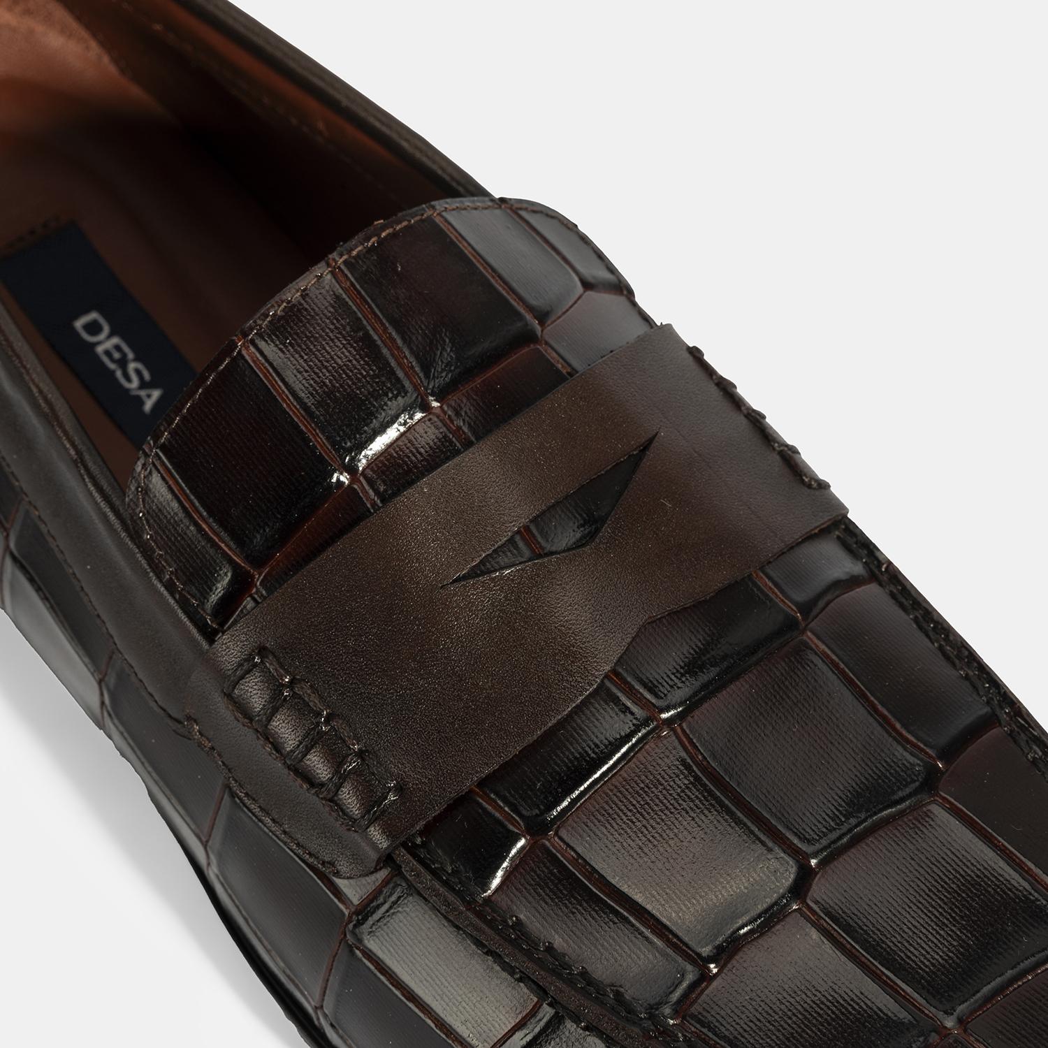 Erkek Kahve Kroko Baskılı Deri Loafer