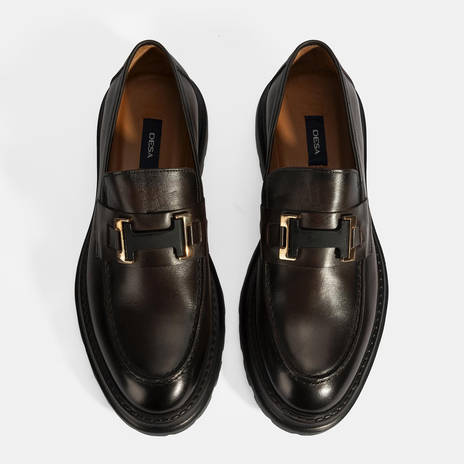 Erkek Kahve Metal Toka Detaylı Deri Loafer