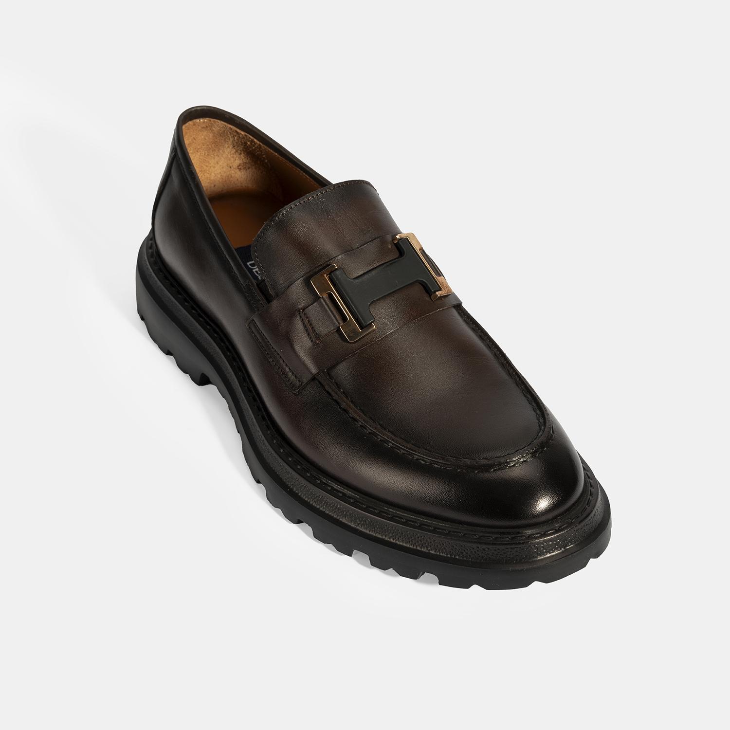 Erkek Kahve Metal Toka Detaylı Deri Loafer