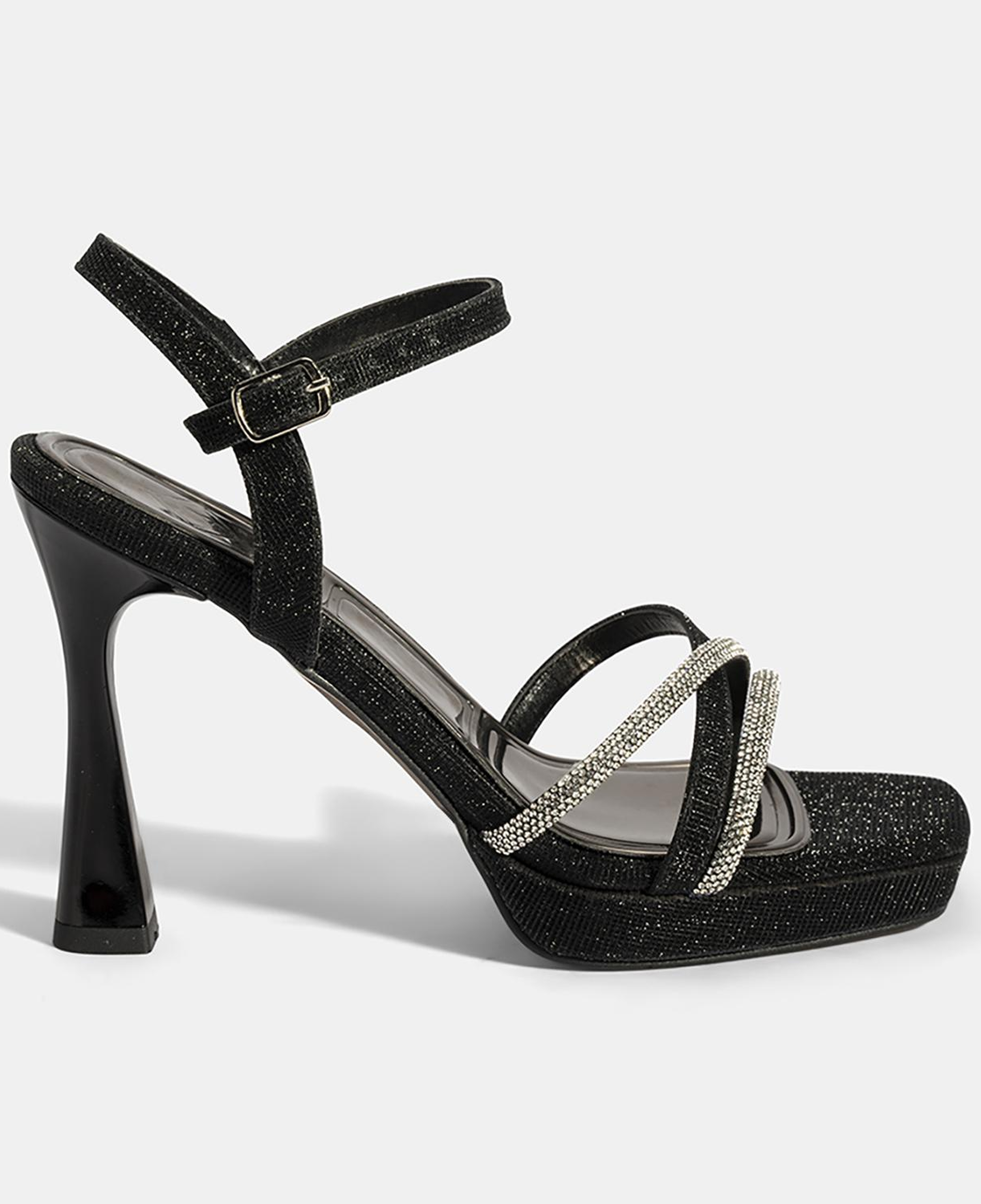 Kadın Siyah Ayarlanabilir Tokalı Taşlı Topuklu Abiye Sandalet