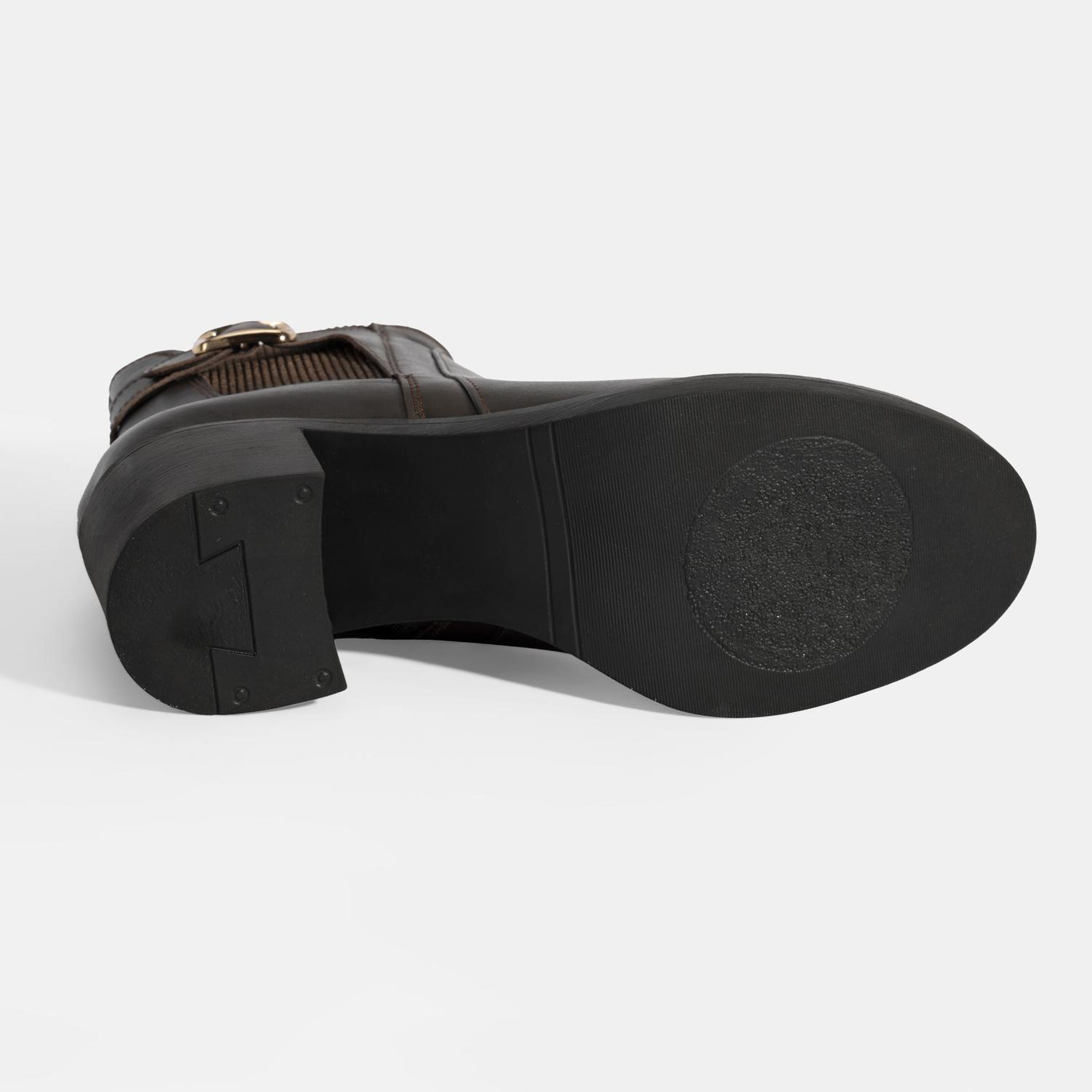 Kadın Kahve Metal Toka Detaylı Topuklu Deri Bot