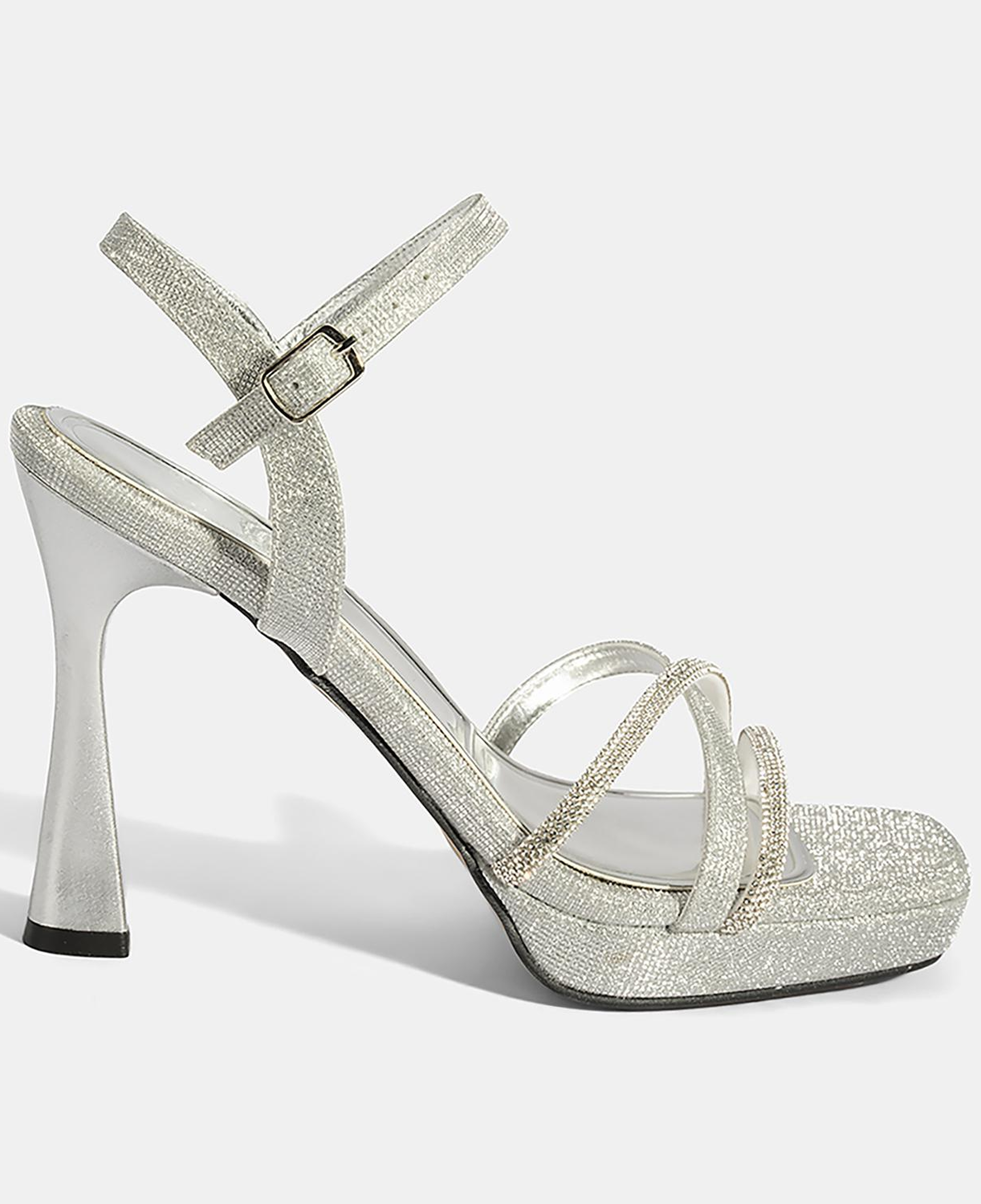 Kadın Gümüş Ayarlanabilir Tokalı Taşlı Topuklu Abiye Sandalet