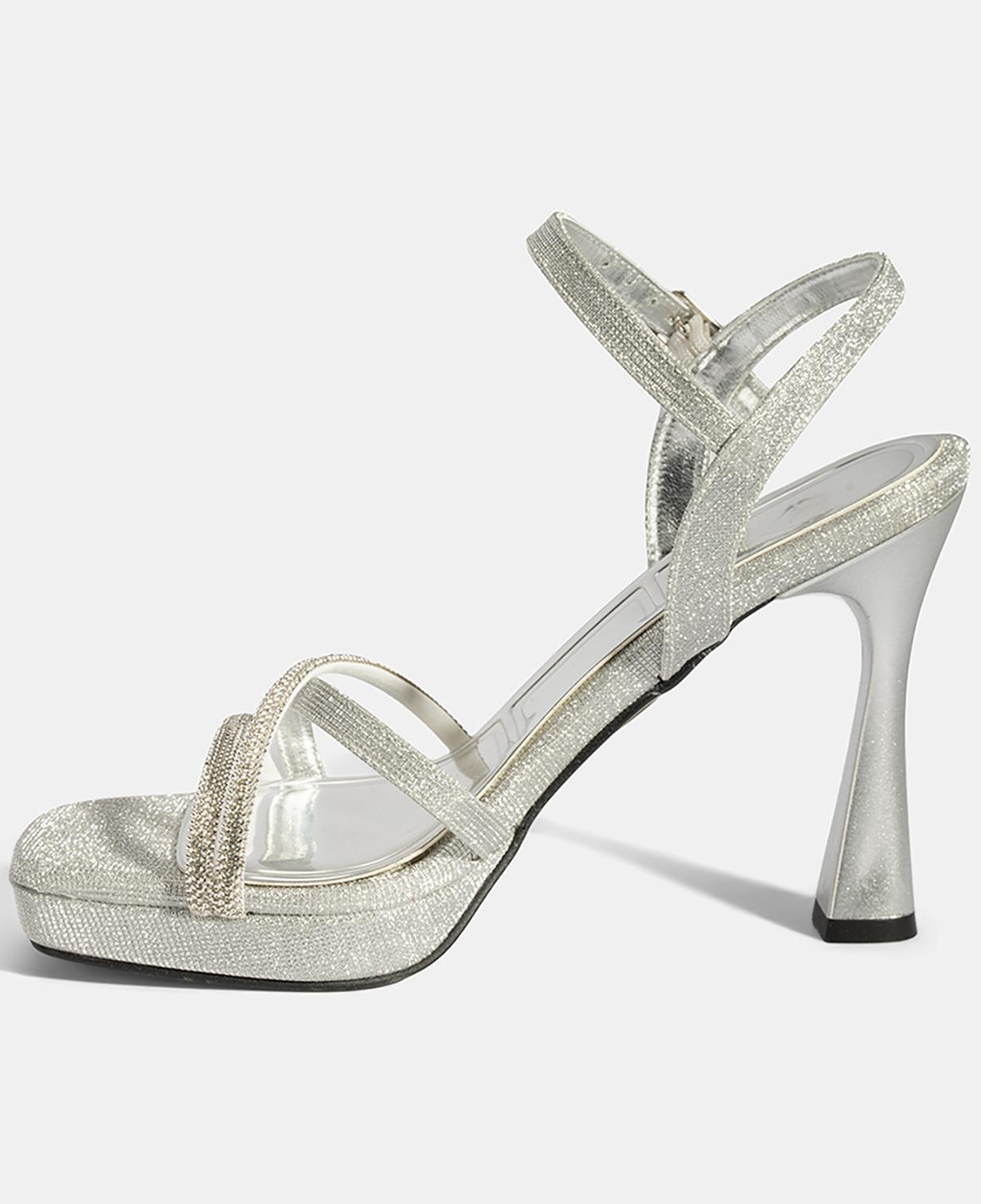 Kadın Gümüş Ayarlanabilir Tokalı Taşlı Topuklu Abiye Sandalet