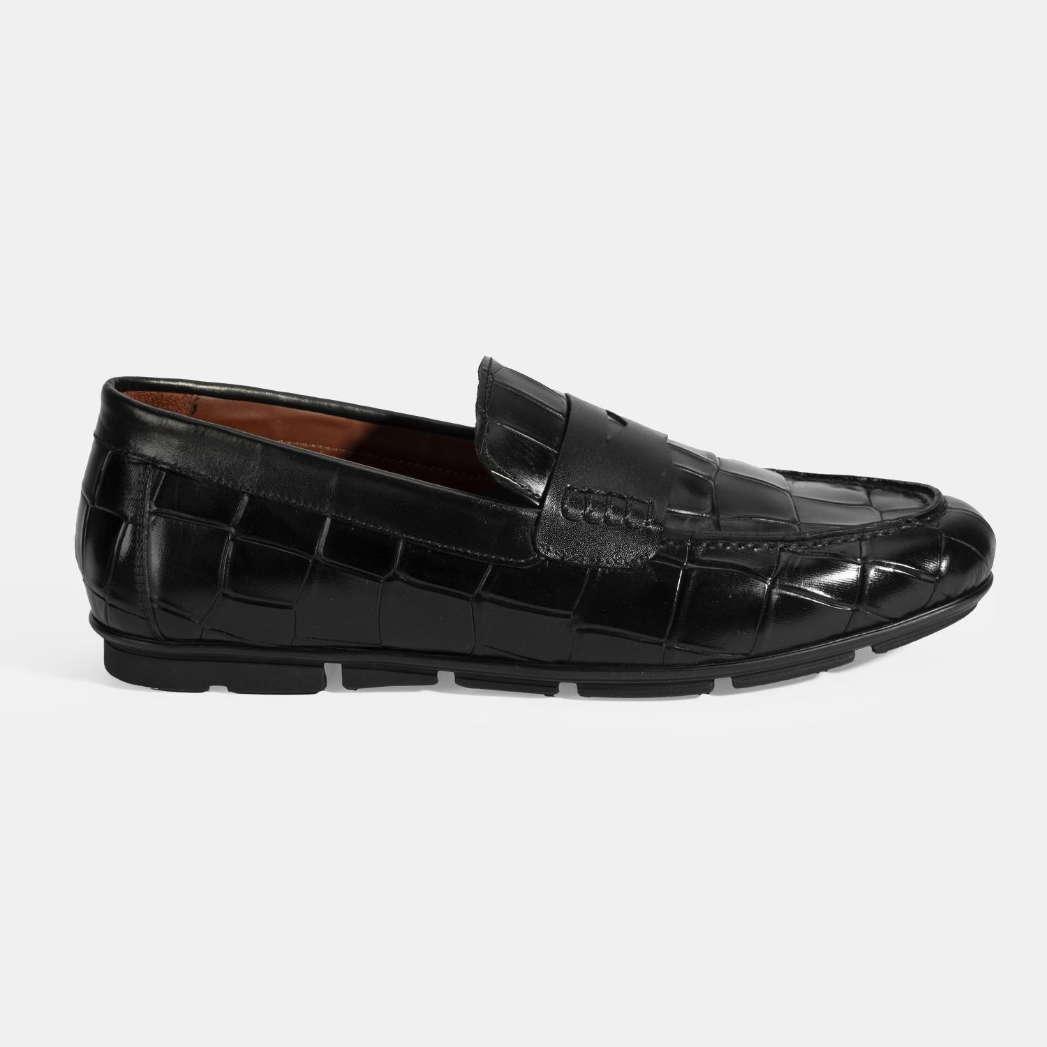 Erkek Siyah Kroko Baskılı Deri Loafer