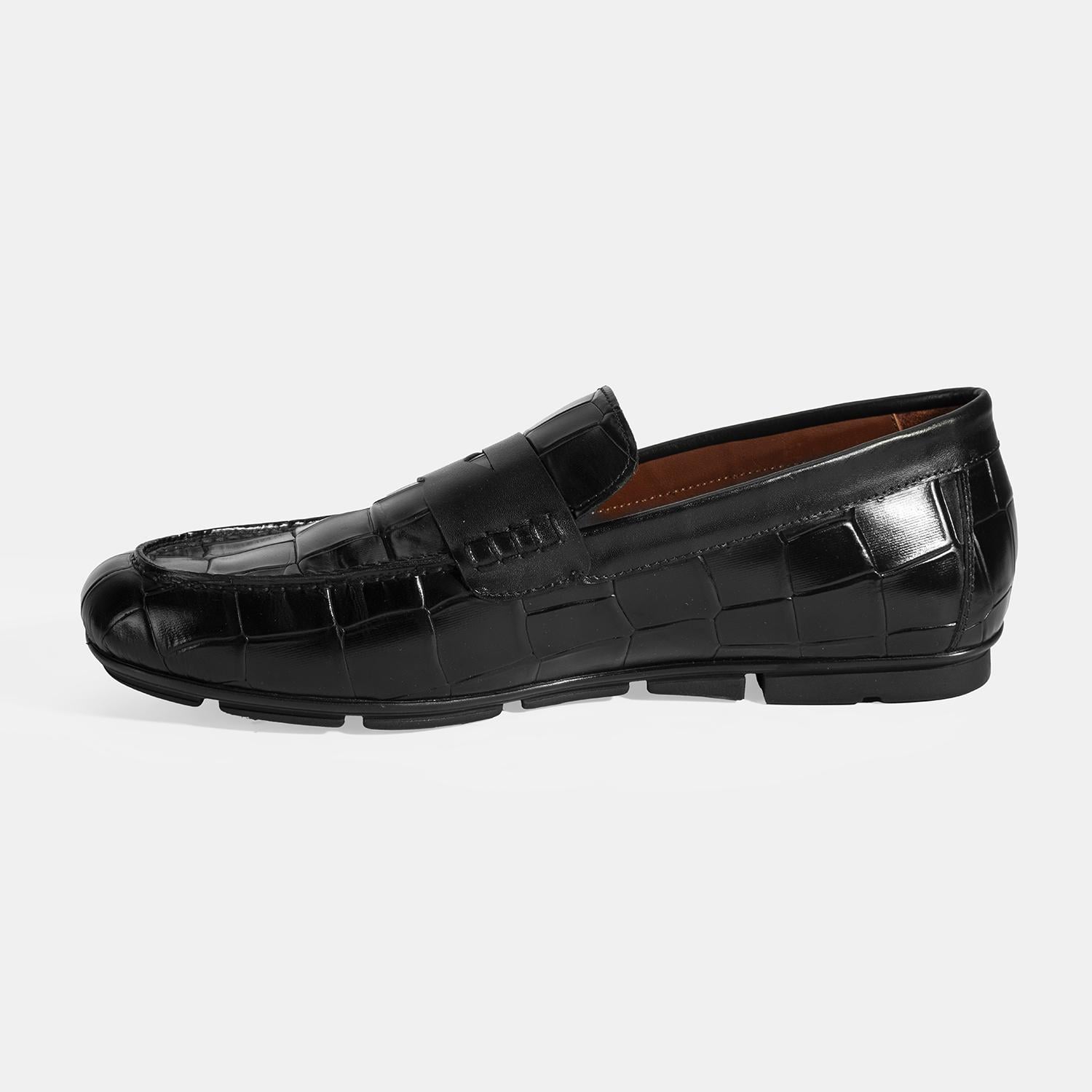 Erkek Siyah Kroko Baskılı Deri Loafer