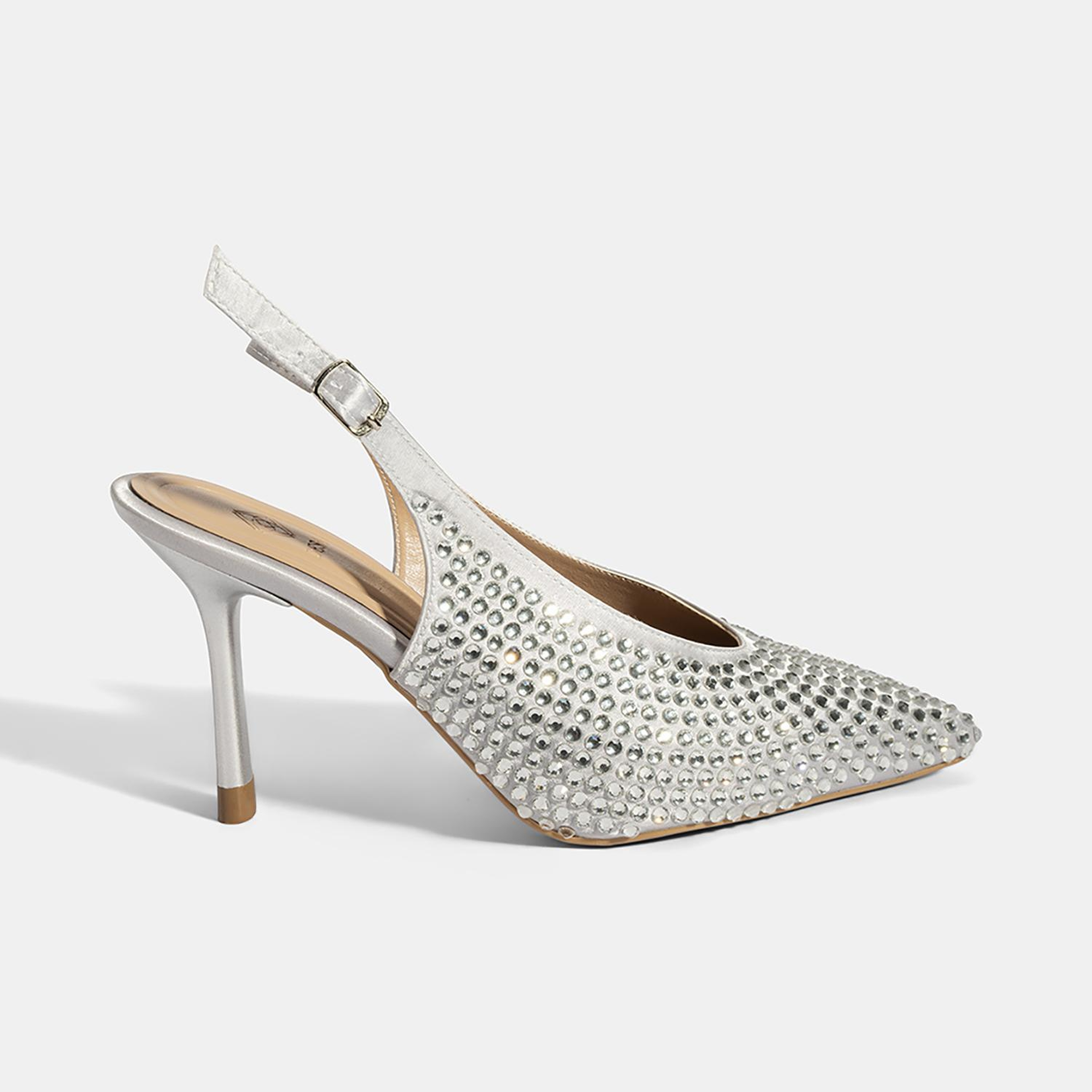 Kadın Gümüş Ayarlanabilir Metal Tokalı Taşlı Abiye Ayakkabı