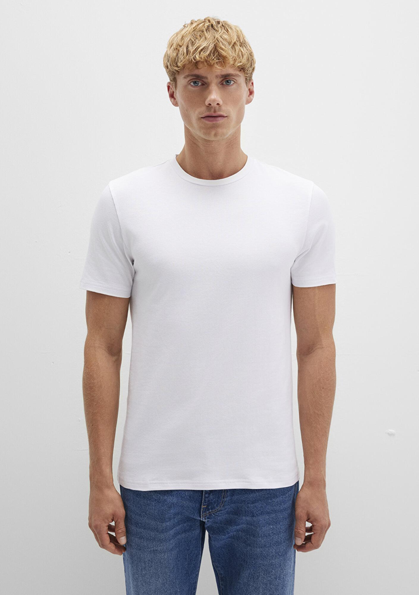 Mavi Stretch Beyaz Basic Tişört Fitted / Vücuda Oturan Kesim 061747-620