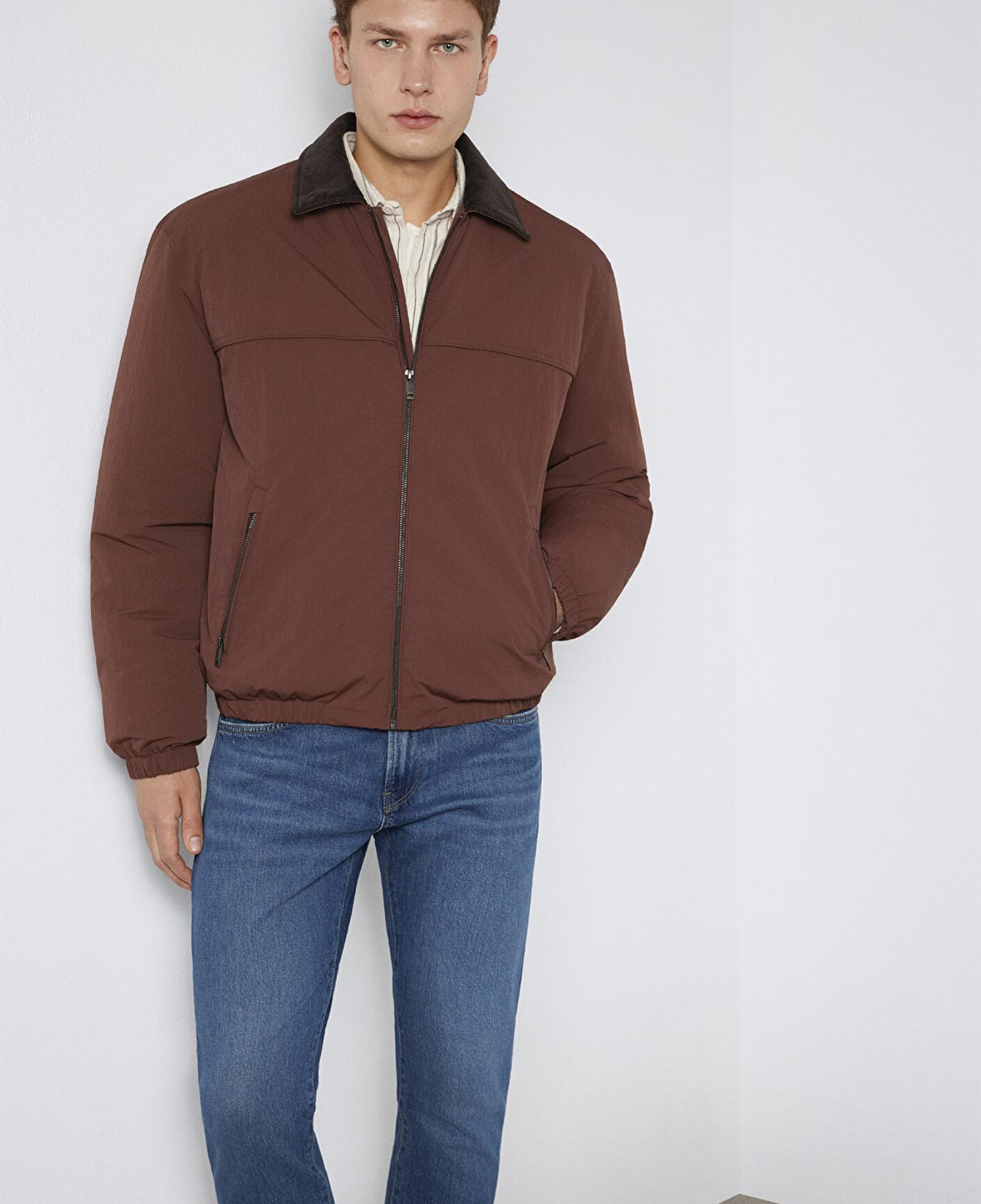 Mavi Kadife Yaka Detaylı Kahverengi Ceket Oversize / Geniş Kesim 0110778-91341