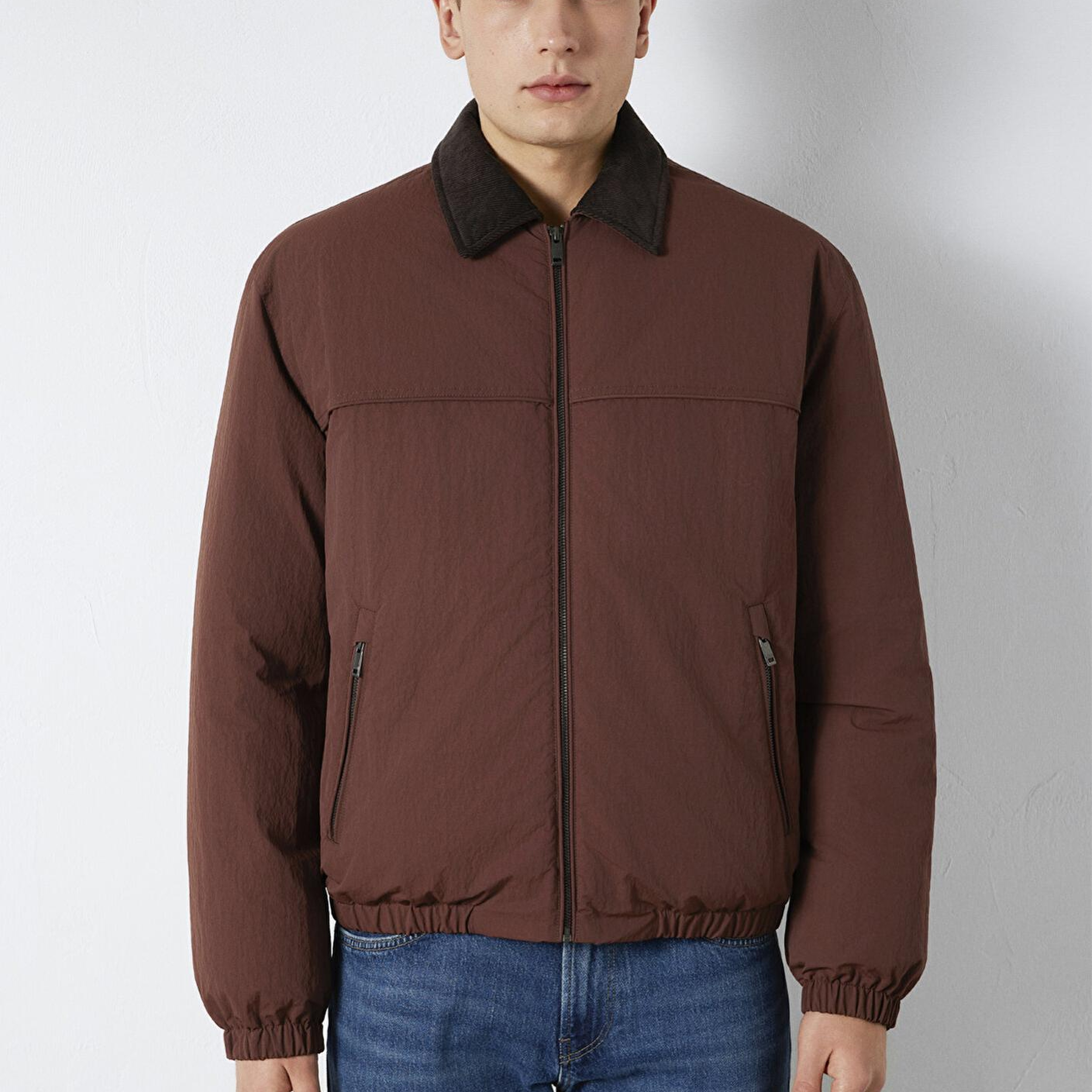 Mavi Kadife Yaka Detaylı Kahverengi Ceket Oversize / Geniş Kesim 0110778-91341