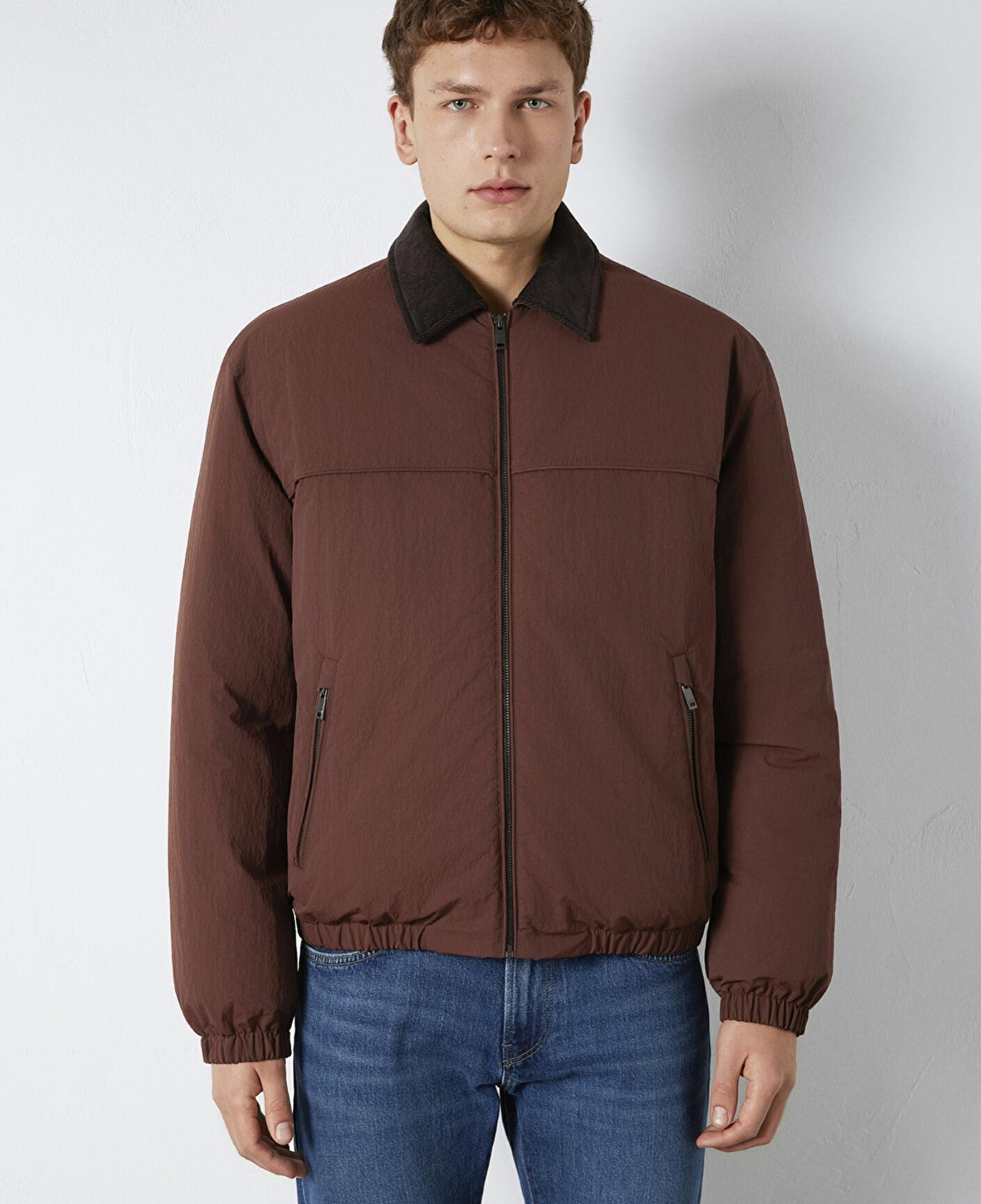 Mavi Kadife Yaka Detaylı Kahverengi Ceket Oversize / Geniş Kesim 0110778-91341