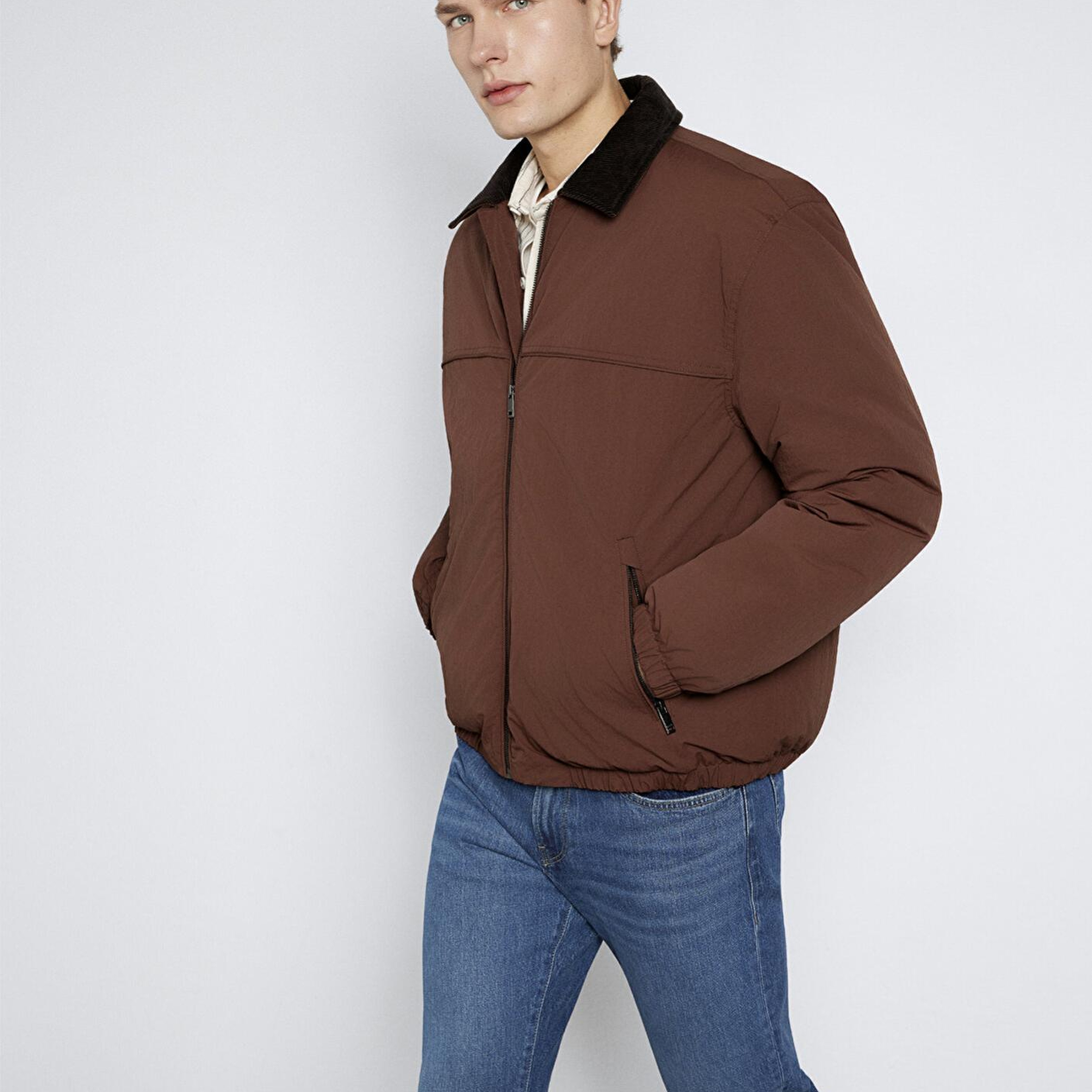 Mavi Kadife Yaka Detaylı Kahverengi Ceket Oversize / Geniş Kesim 0110778-91341