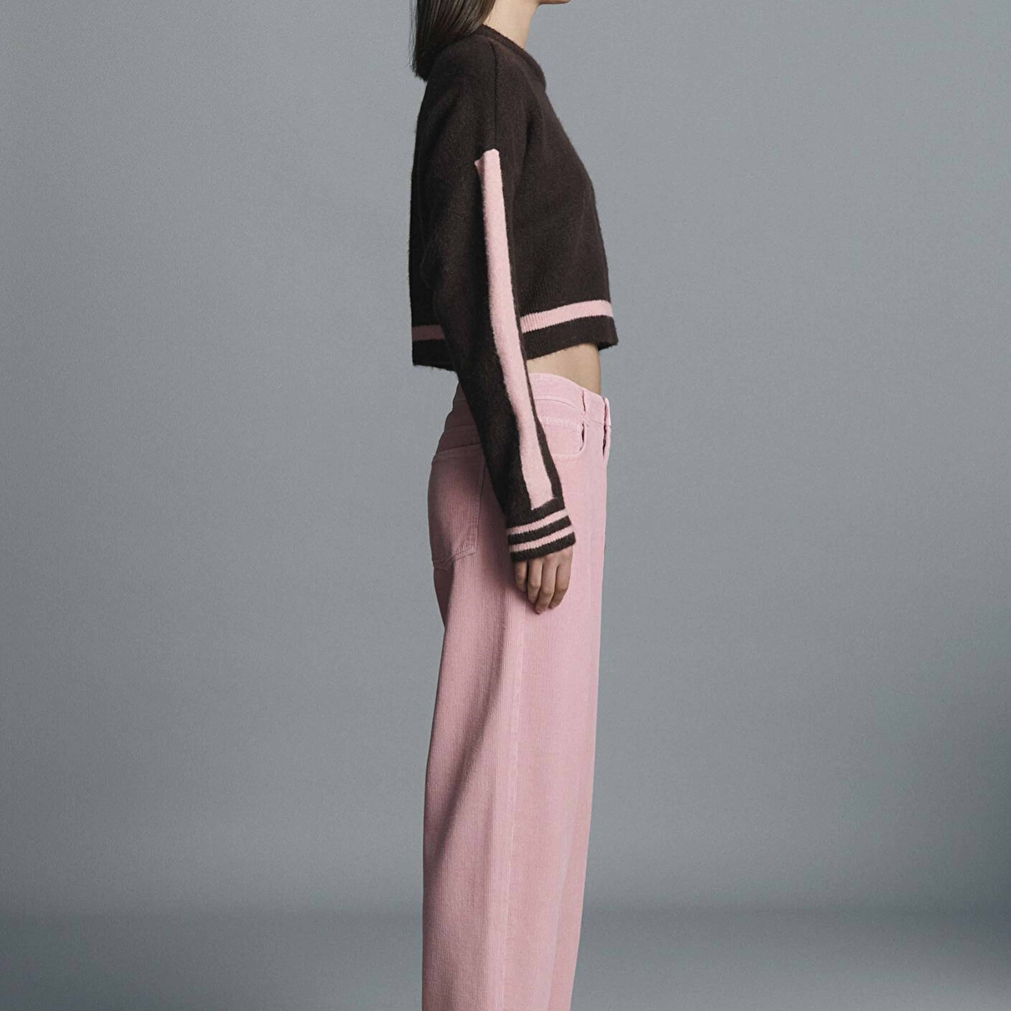 Mavi Çizgi Detaylı Kahverengi Kazak Crop / Kısa Kesim 1710876-70251