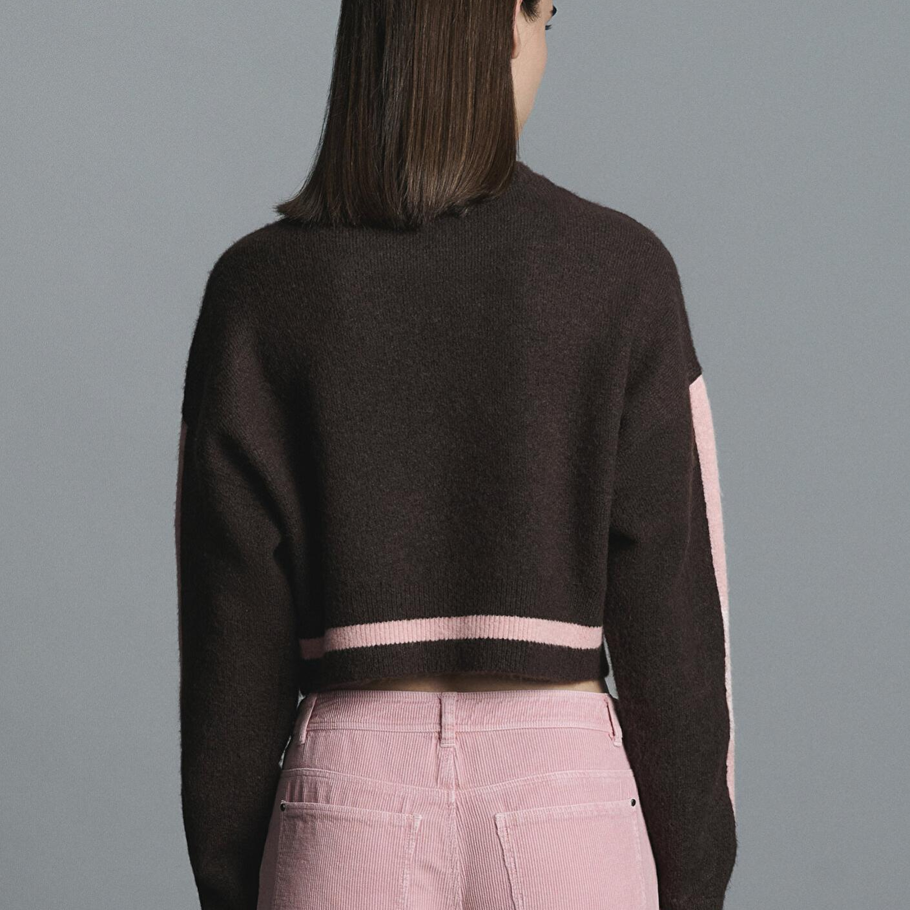 Mavi Çizgi Detaylı Kahverengi Kazak Crop / Kısa Kesim 1710876-70251