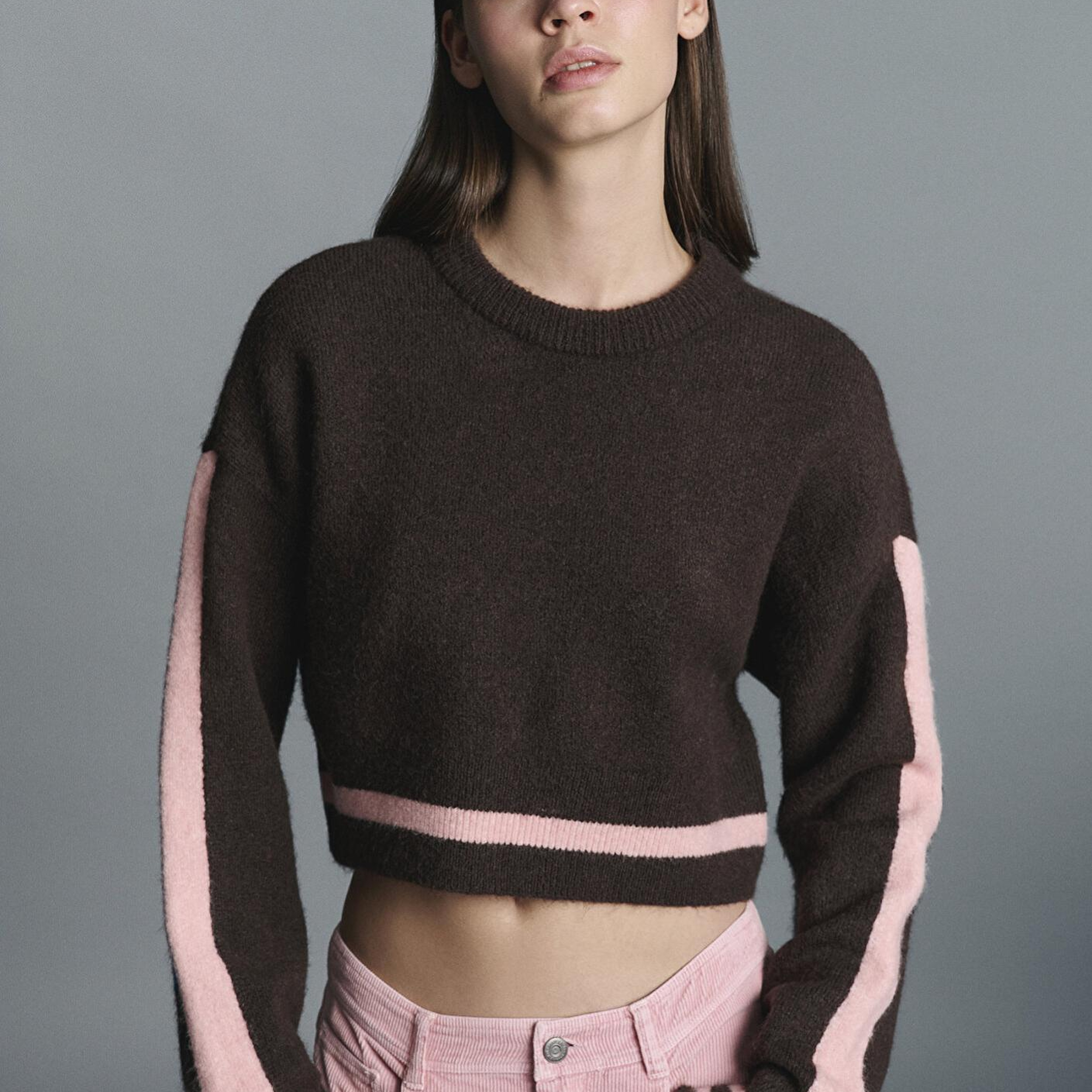 Mavi Çizgi Detaylı Kahverengi Kazak Crop / Kısa Kesim 1710876-70251