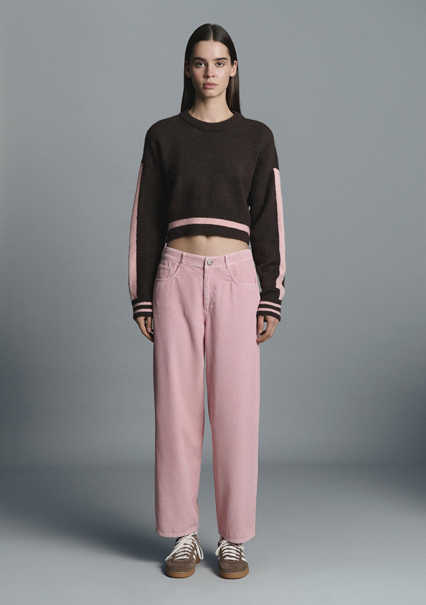 Mavi Çizgi Detaylı Kahverengi Kazak Crop / Kısa Kesim 1710876-70251