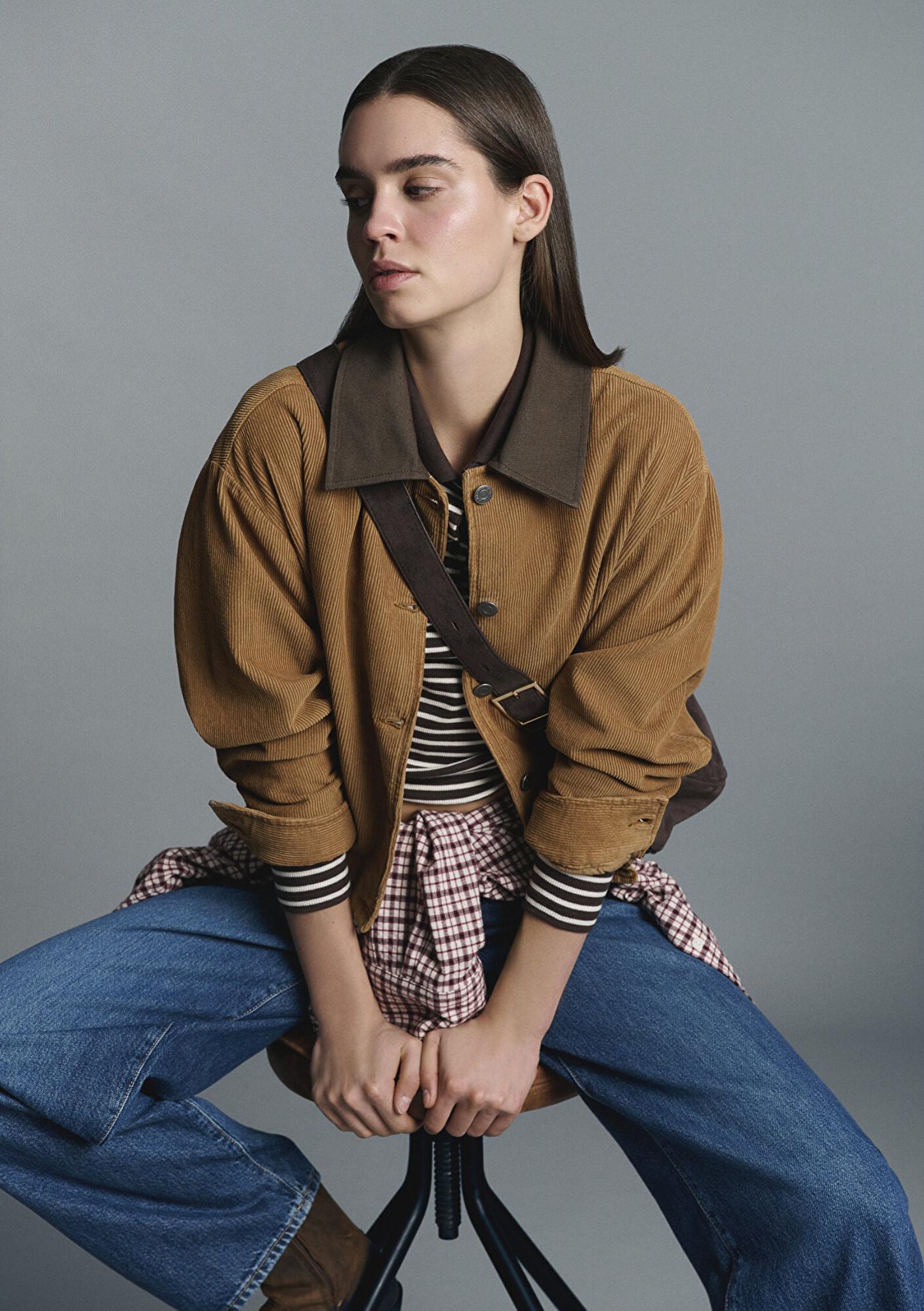 Mavi Kahverengi Kısa Kadife Ceket Oversize / Geniş Kesim 1110842-70381