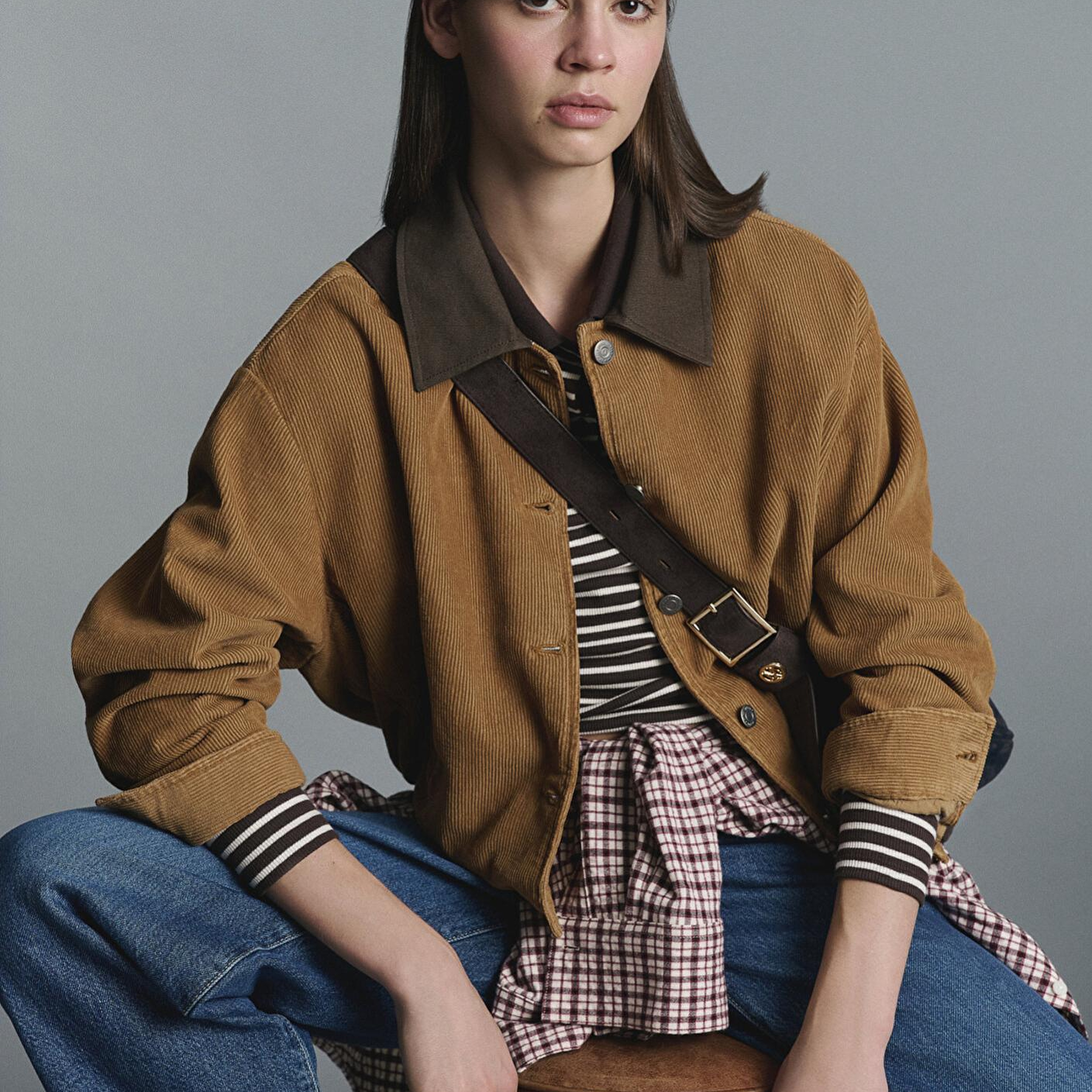 Mavi Kahverengi Kısa Kadife Ceket Oversize / Geniş Kesim 1110842-70381