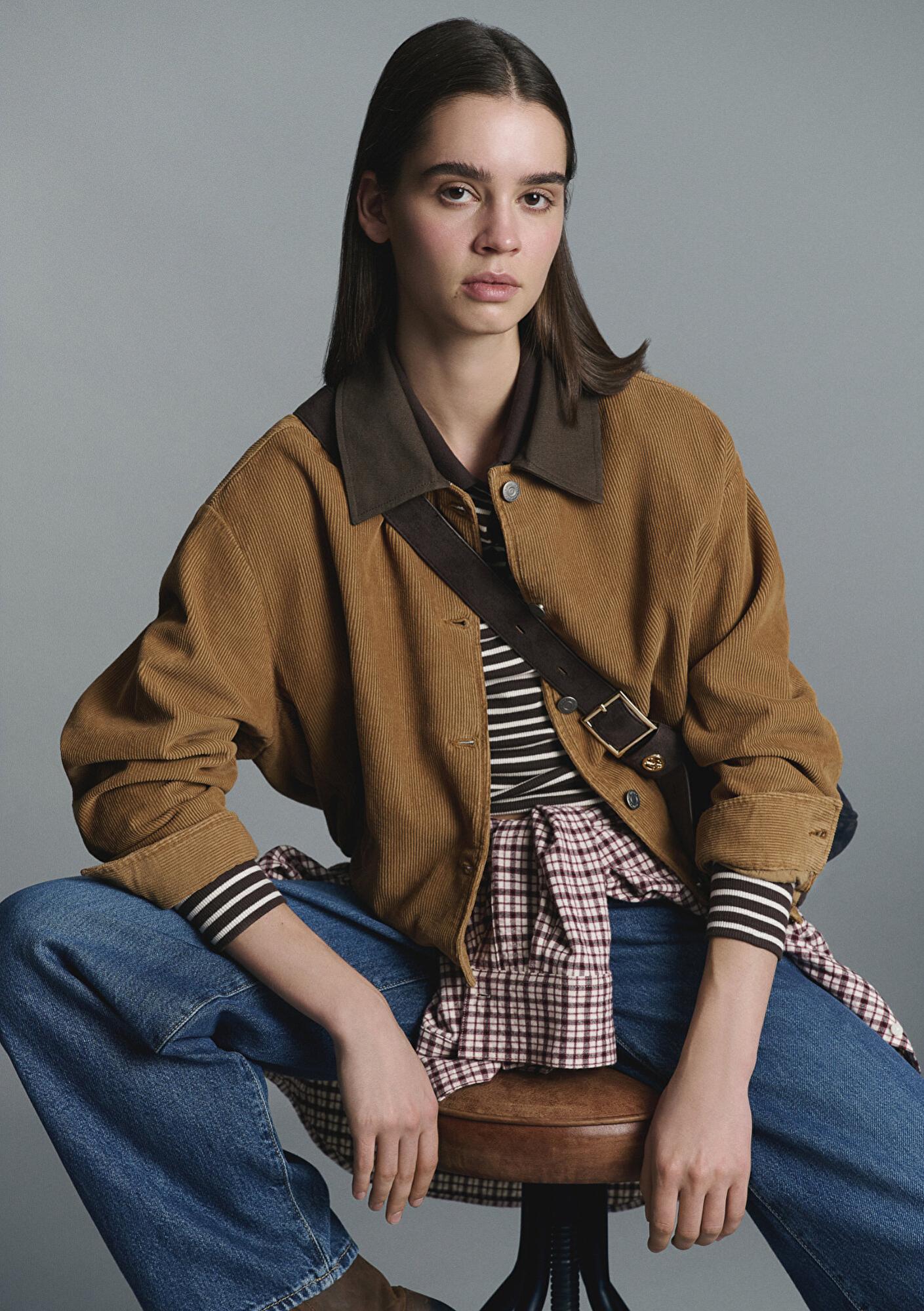 Mavi Kahverengi Kısa Kadife Ceket Oversize / Geniş Kesim 1110842-70381