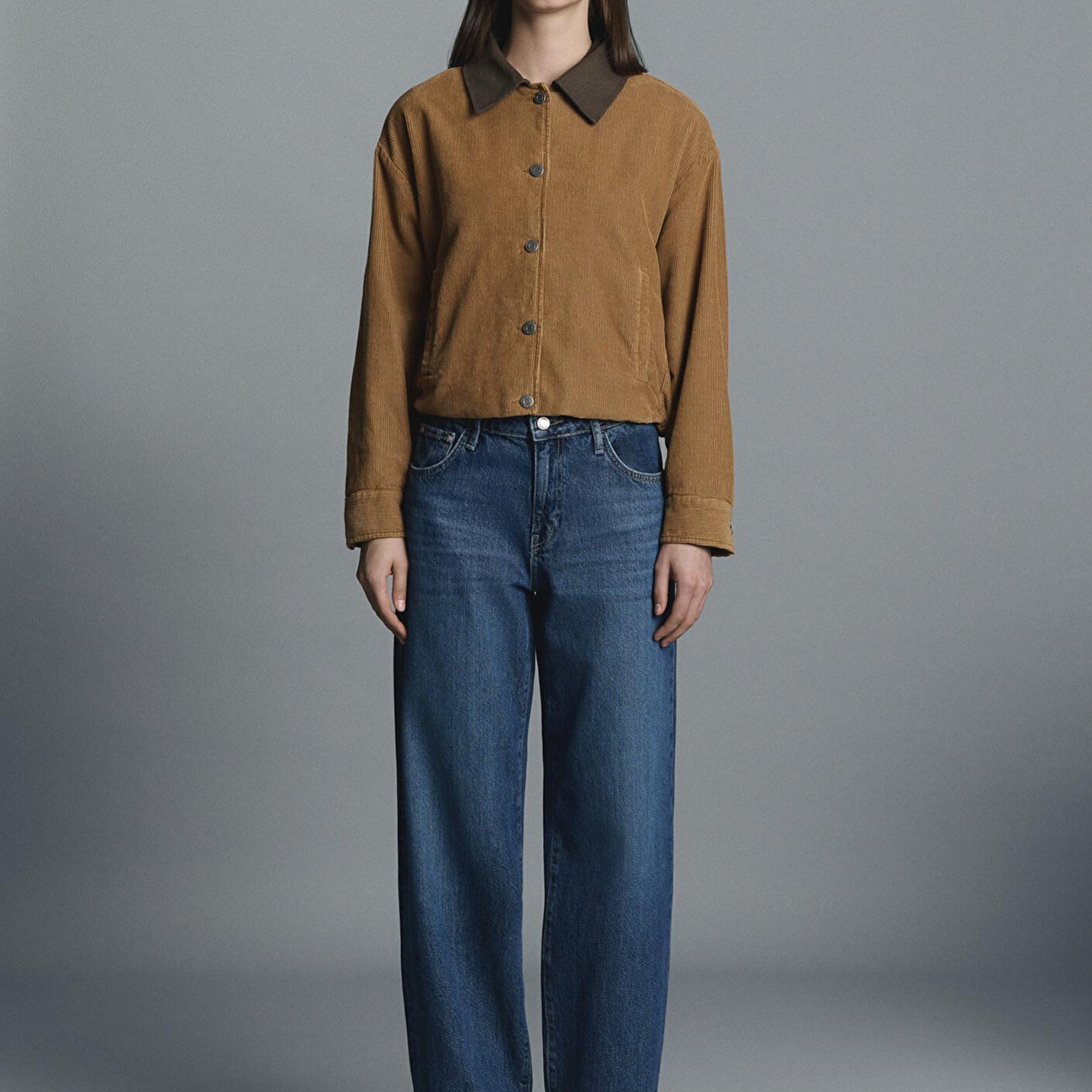 Mavi Kahverengi Kısa Kadife Ceket Oversize / Geniş Kesim 1110842-70381