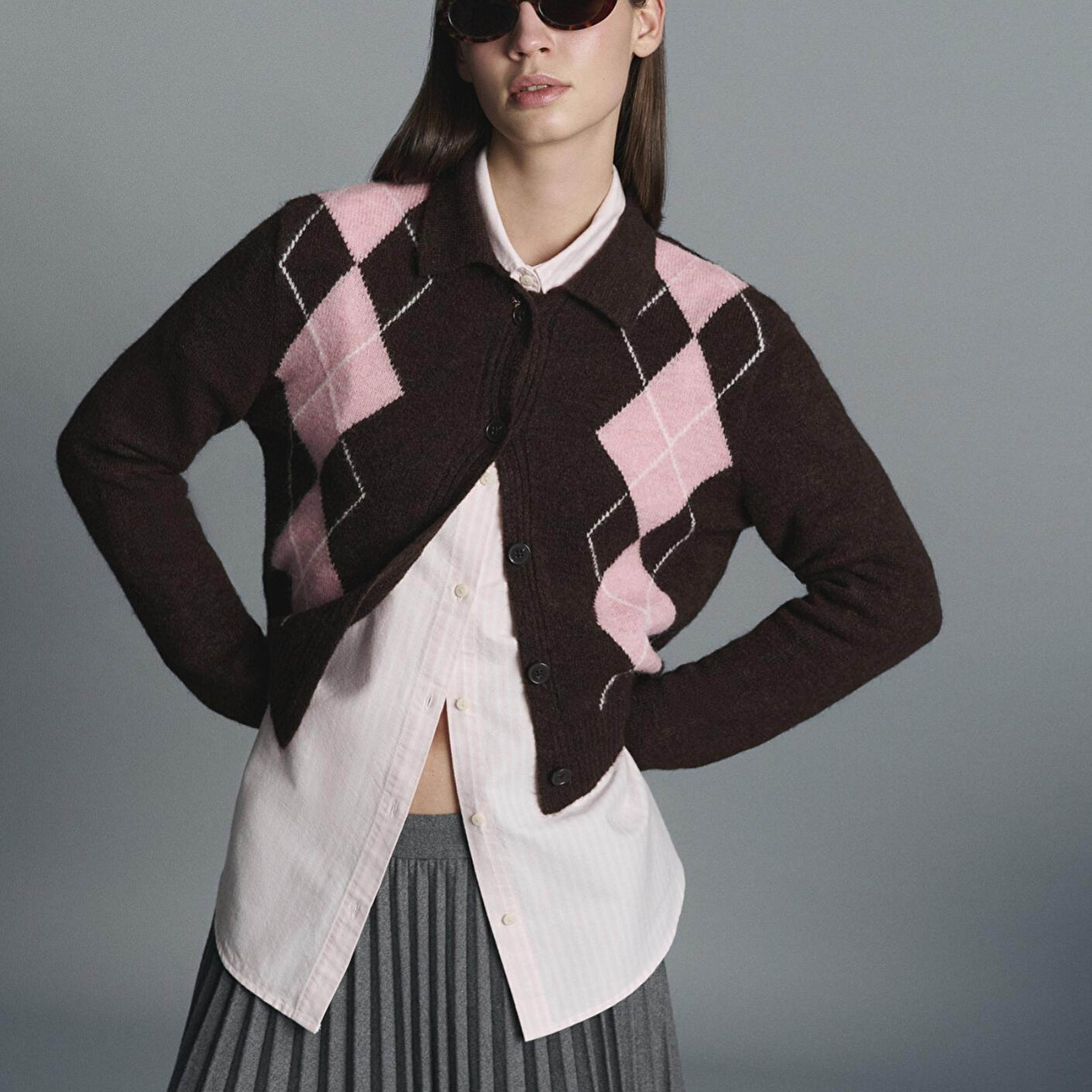 Mavi Yün Karışımlı Baklava Desenli Kahverengi Hırka Slim Fit / Dar Kesim 1710825-70244