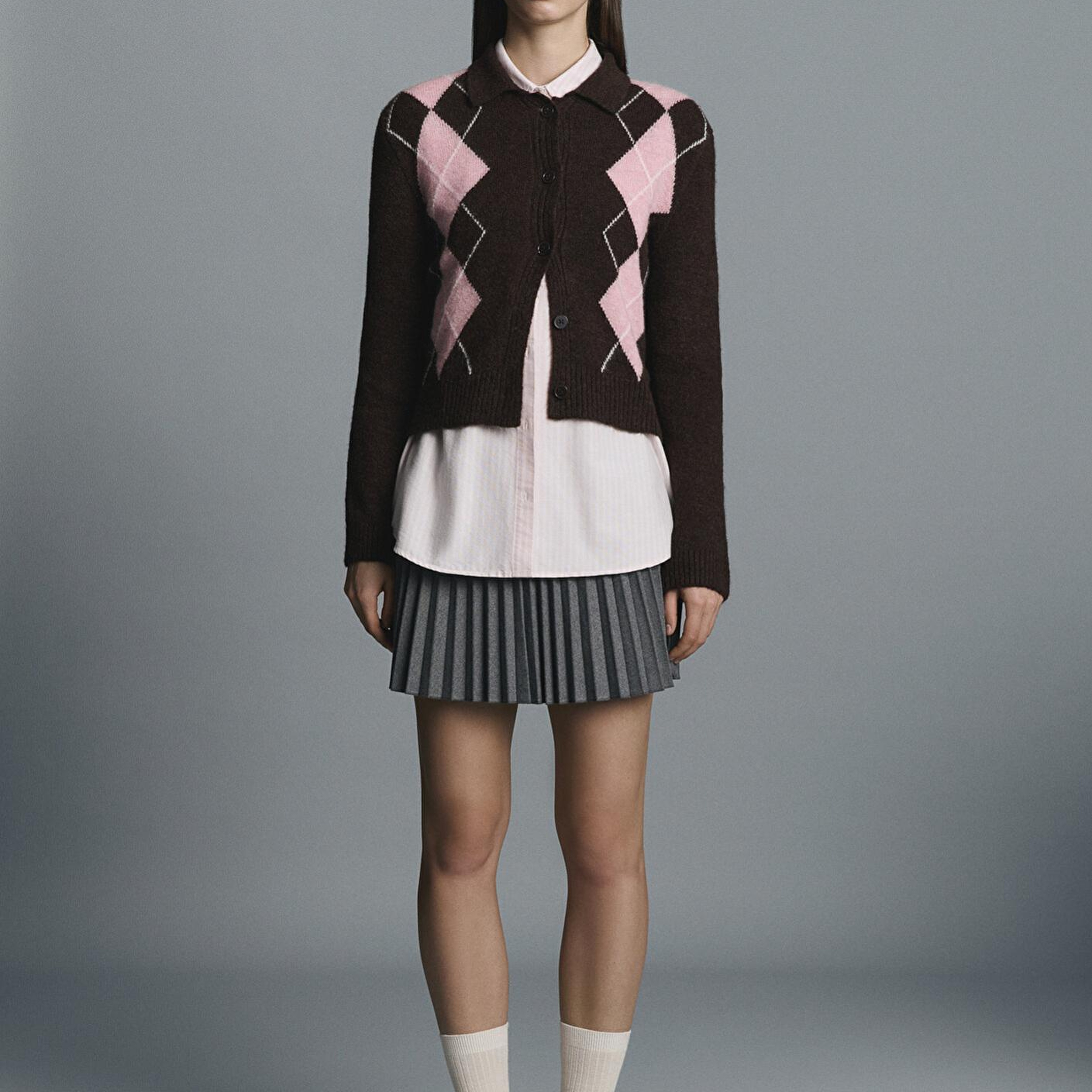 Mavi Yün Karışımlı Baklava Desenli Kahverengi Hırka Slim Fit / Dar Kesim 1710825-70244