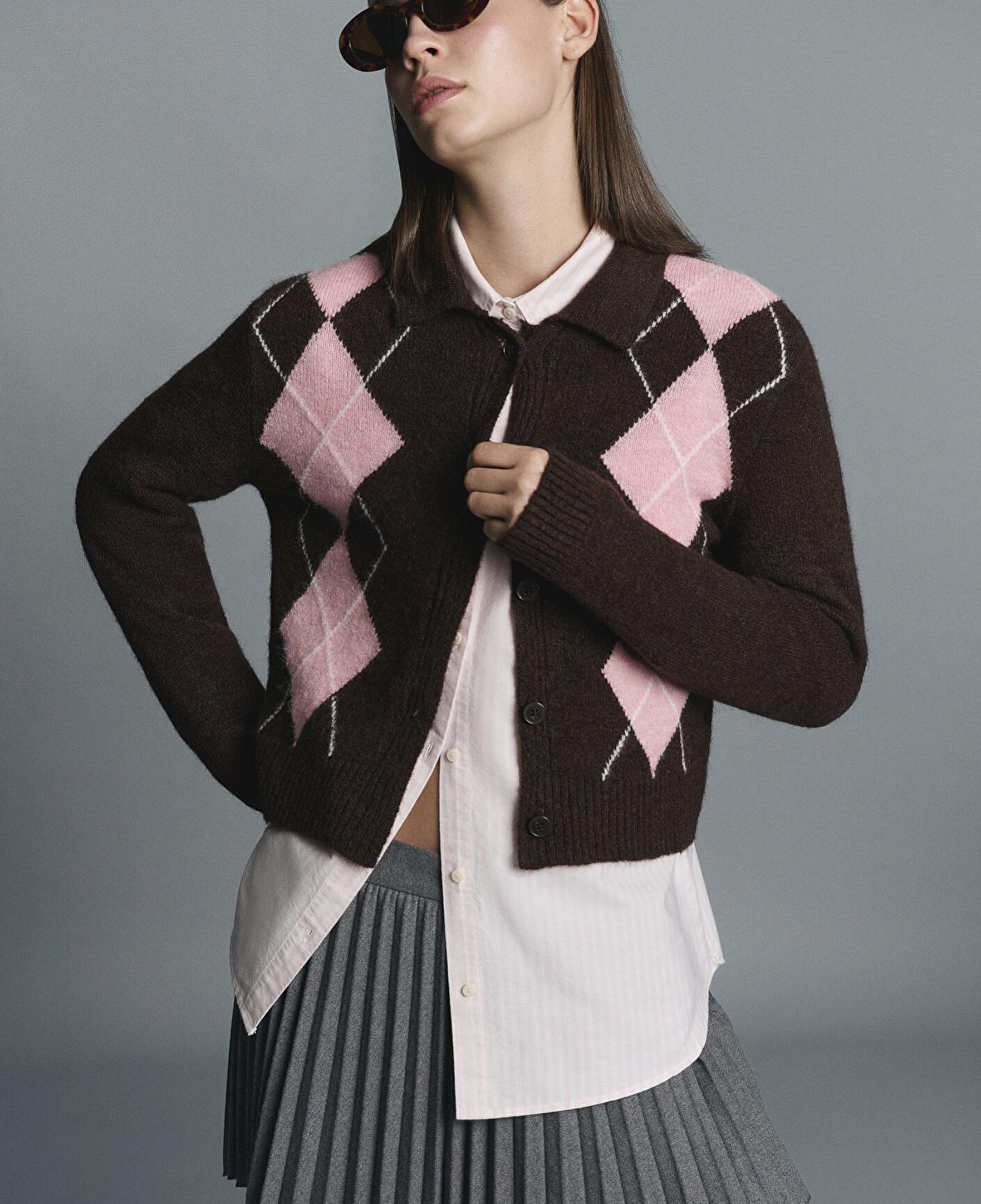 Mavi Yün Karışımlı Baklava Desenli Kahverengi Hırka Slim Fit / Dar Kesim 1710825-70244