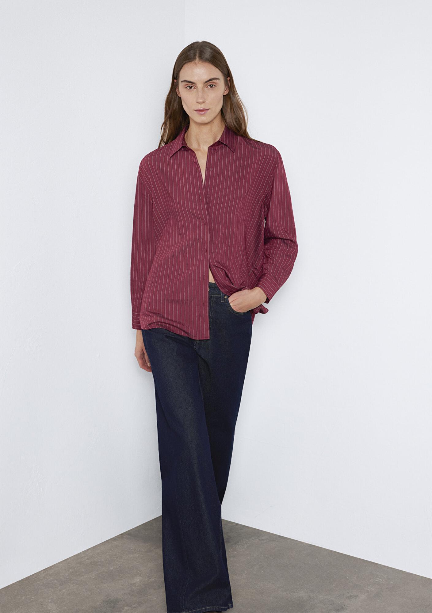 Mavi Çizgili Bordo Gömlek Loose Fit / Bol Rahat Kesim 1210683-91379