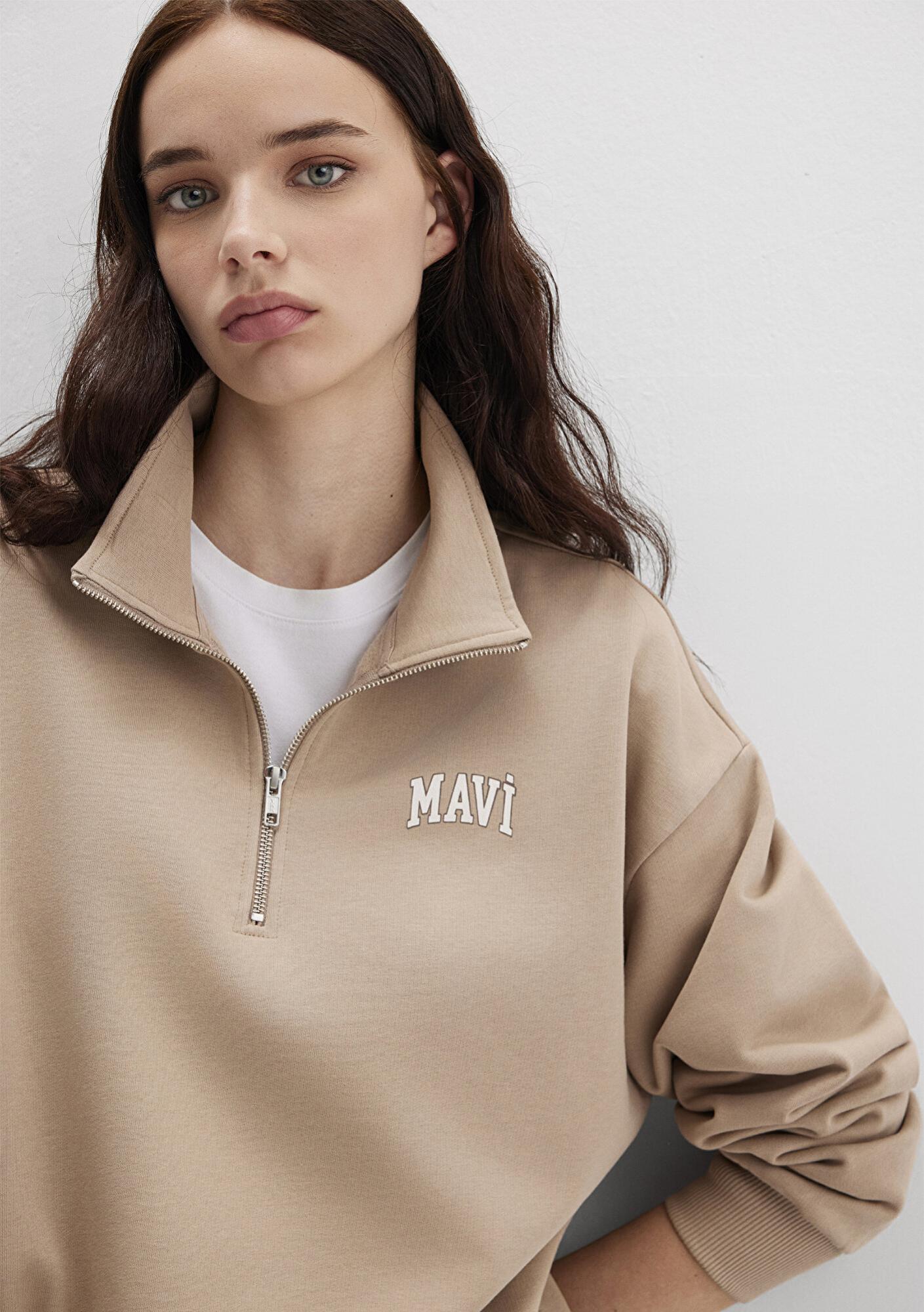 Mavi Mavi Logo Baskılı Bej Sweatshirt 1S10179-70344