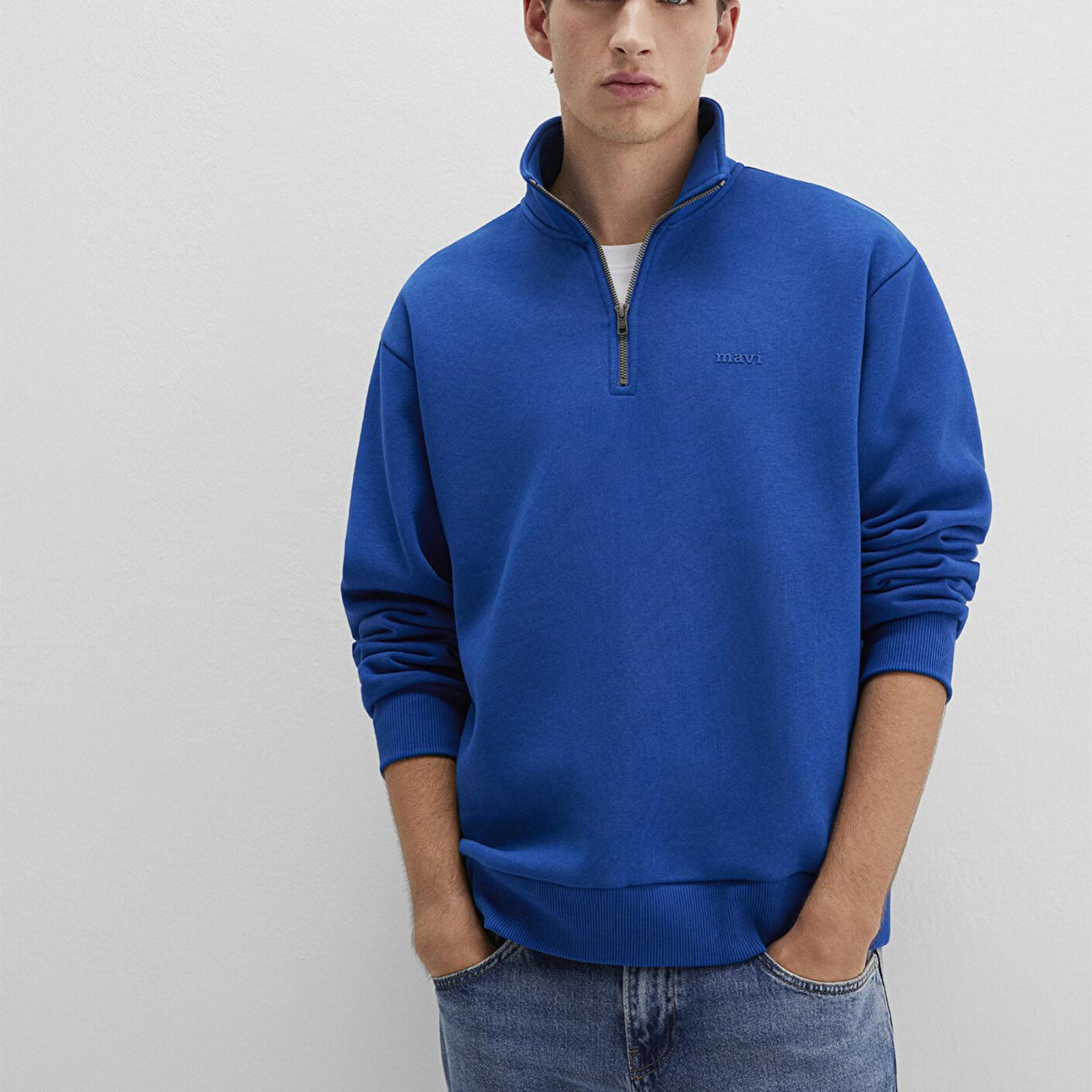 Mavi Yarı Fermuarlı Mavi Logo Baskılı Mavi Sweatshirt 0S10585-70907