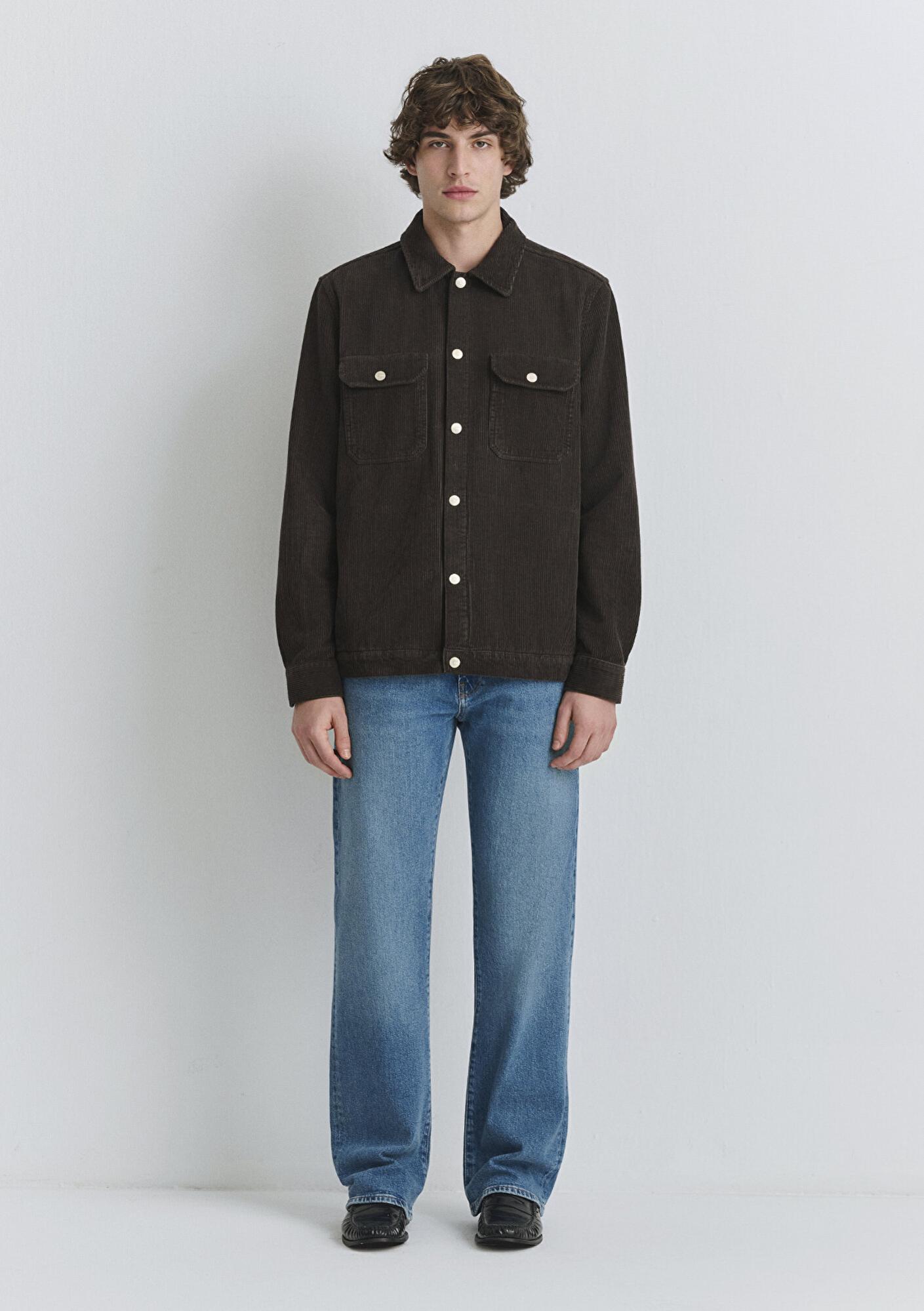 Mavi Kahverengi Cepli Kadife Gömlek Loose Fit / Bol Rahat Kesim 0211750-70219